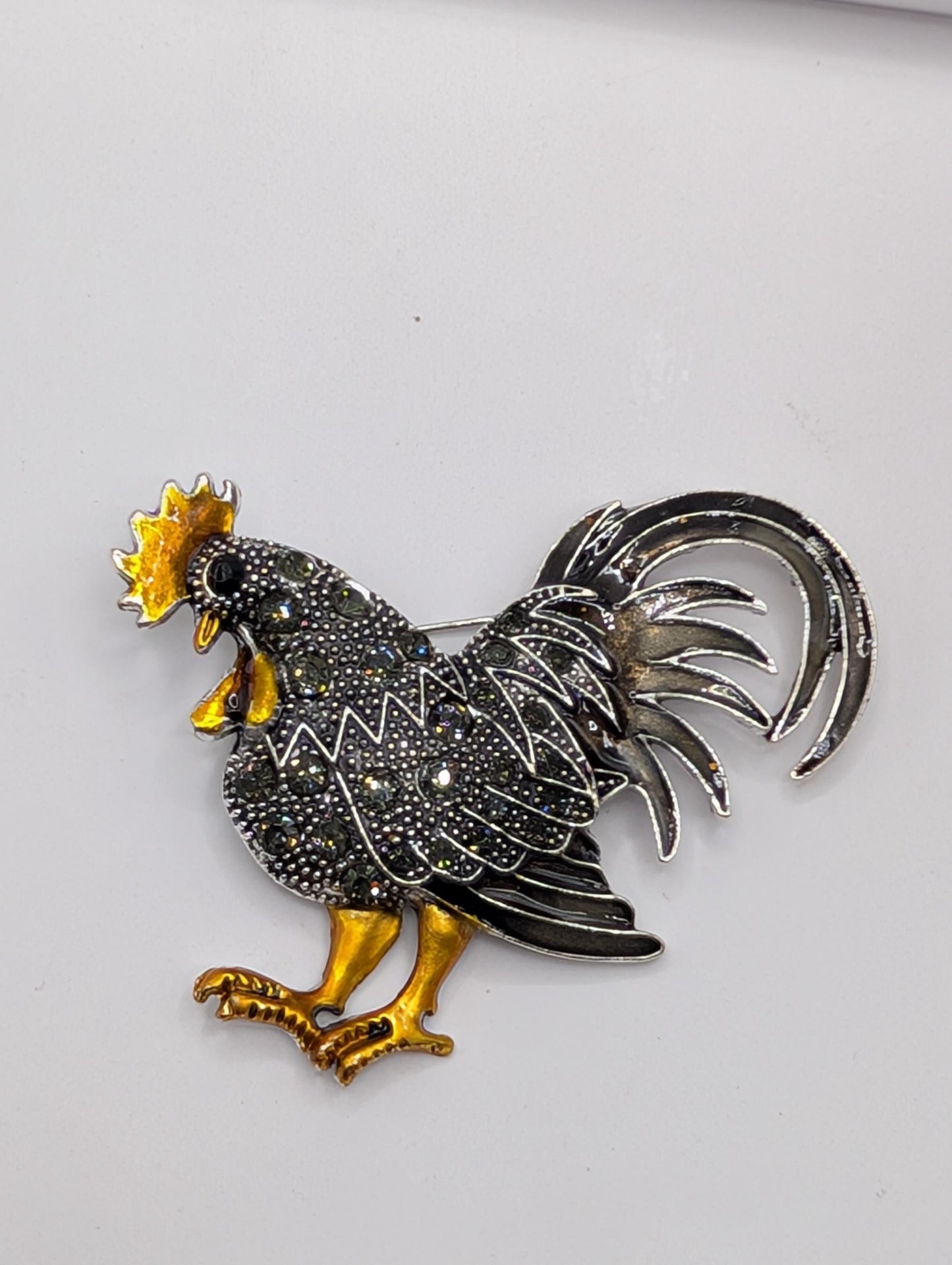 Silver Plated Rooster Brooch - Colorful Orange Black Brooch With Rhinestones