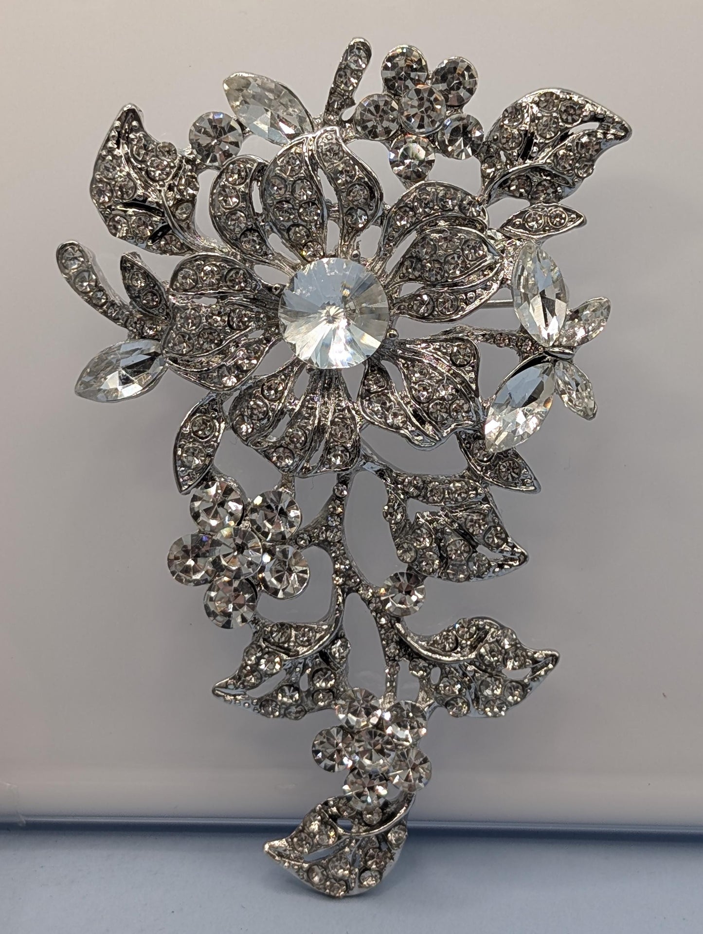 Silver Plated Floral Pin – Sparkling Cubic Zirconia Brooch, Elegant Bag Charm