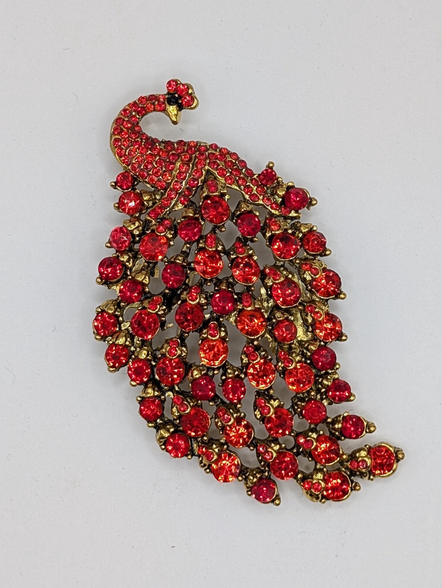 Peacock Brooch - Gold Plated Rhinestone Pin with Red Feathers, Statement Jewelry Piece