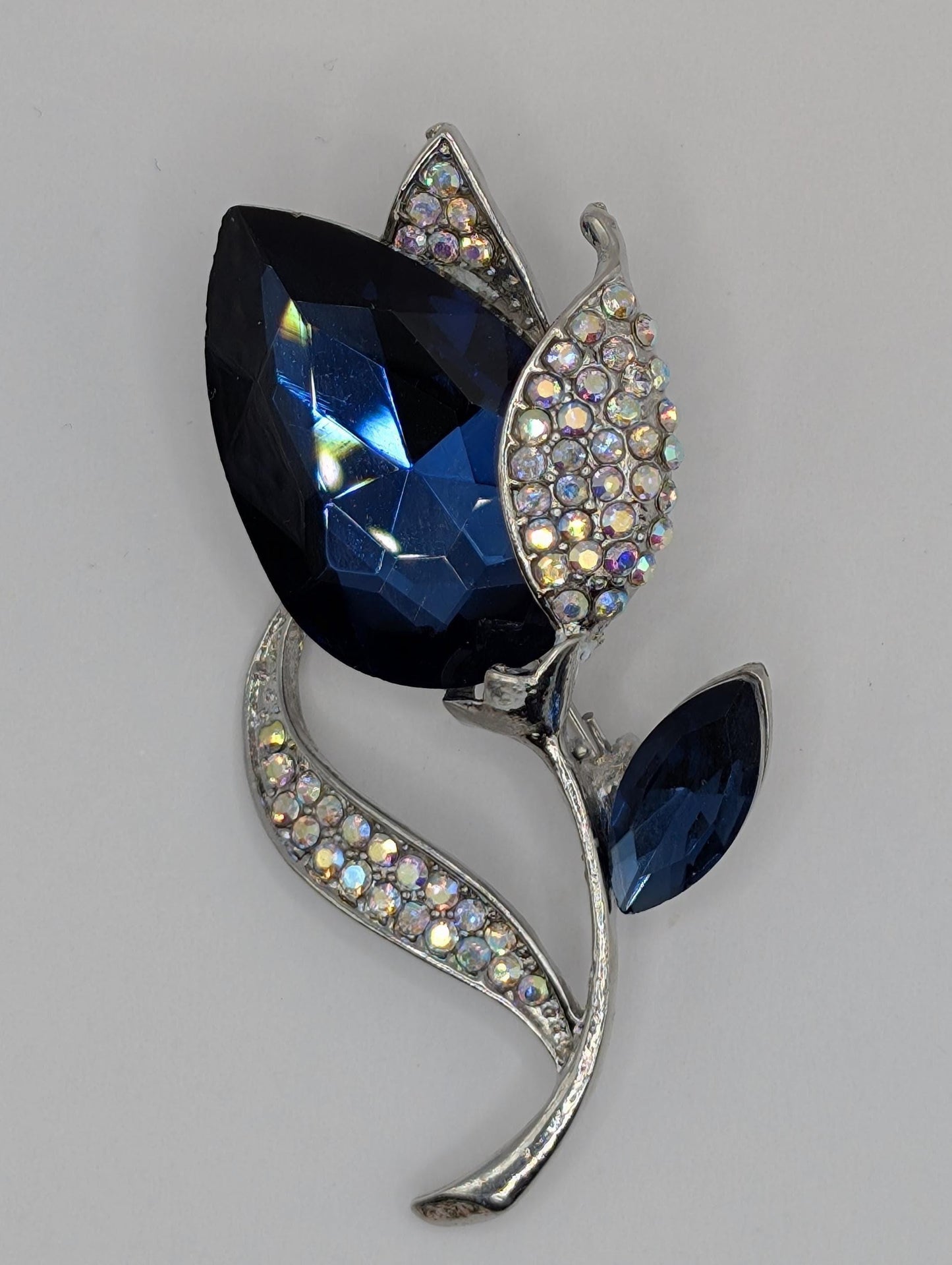 Silver Plated Brooch - Sapphire Blue Tulip Floral Pin, Lightweight Fashion Accessory