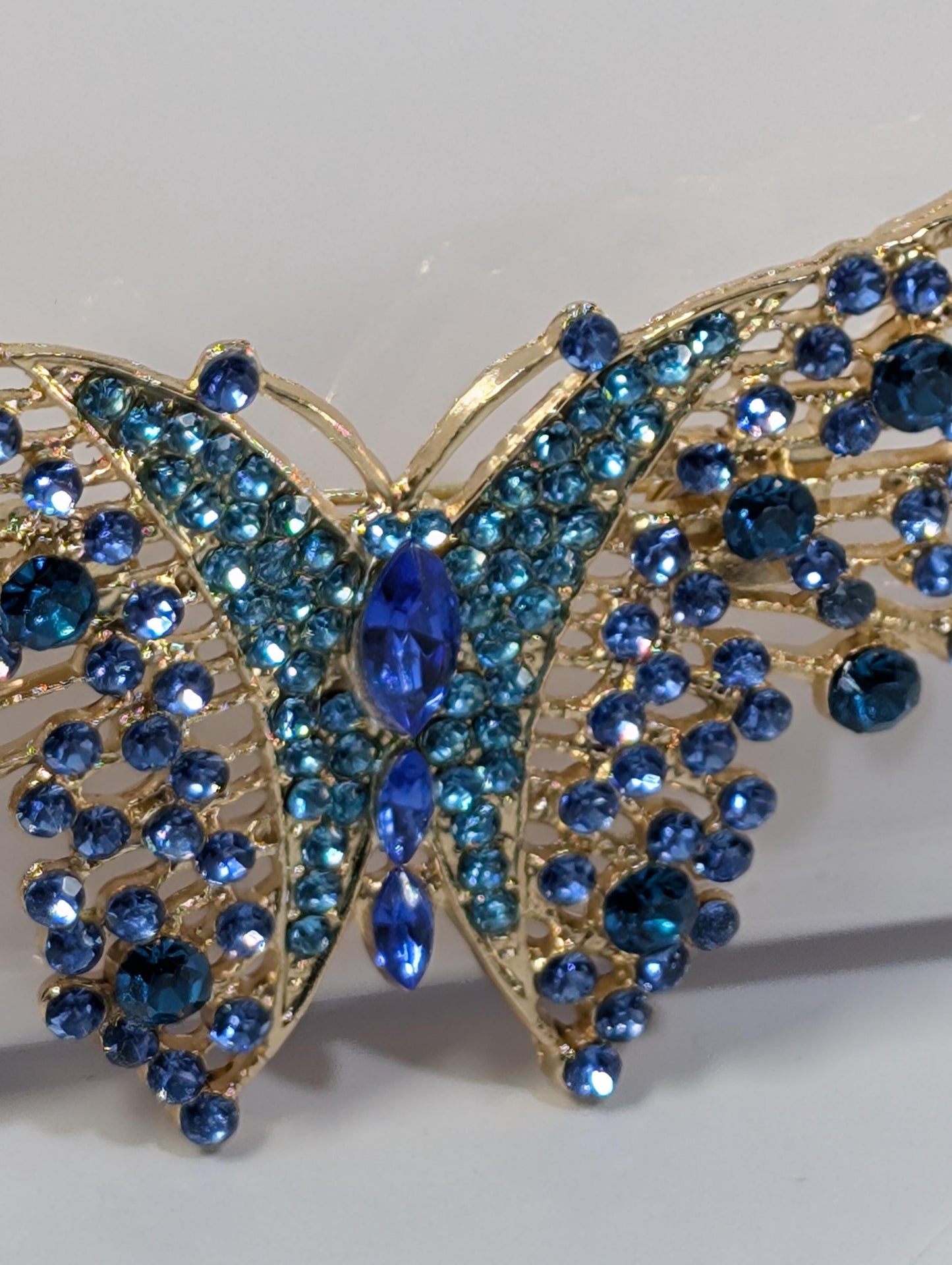 Aqua Sapphire Brooch - Rhinestone Butterfly Pin With Gold Plated Finish