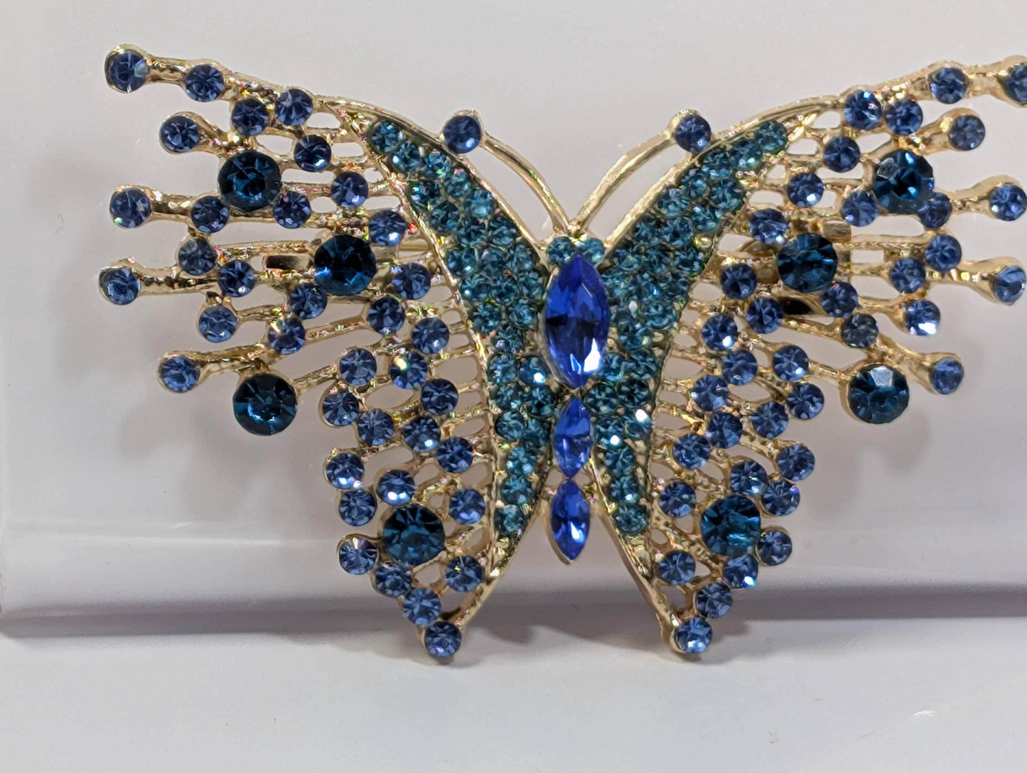 Aqua Sapphire Brooch - Rhinestone Butterfly Pin With Gold Plated Finish