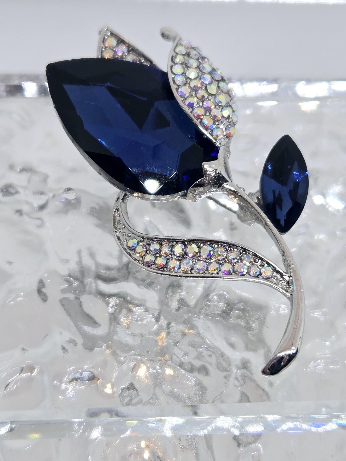 Silver Plated Brooch - Sapphire Blue Tulip Floral Pin, Lightweight Fashion Accessory