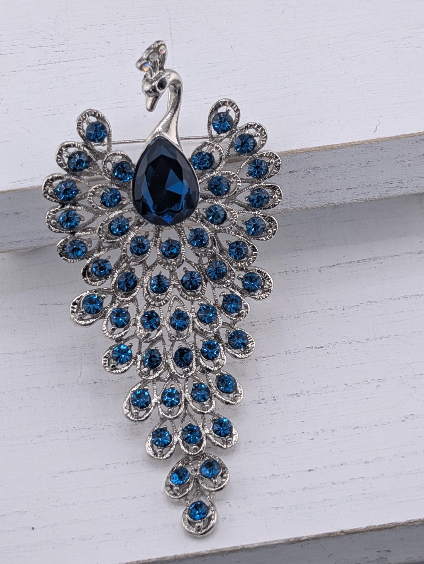 Teal Peacock Brooch - Silver Tone Brooch with Colorful Blue Rhinestones Pin