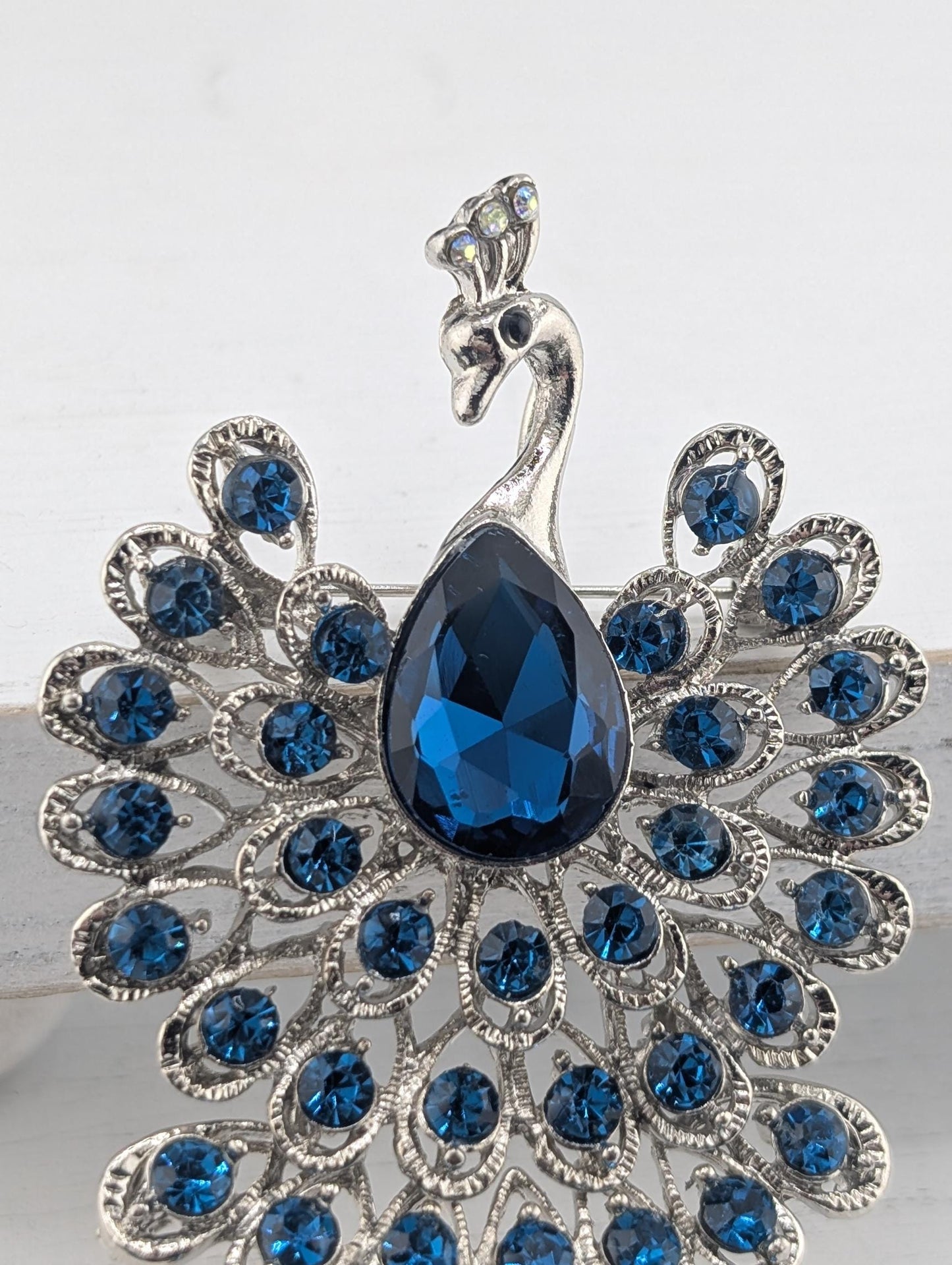 Teal Peacock Brooch - Silver Tone Brooch with Colorful Blue Rhinestones Pin