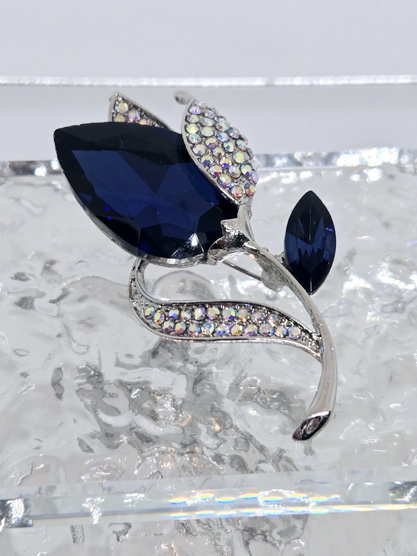 Silver Plated Brooch - Sapphire Blue Tulip Floral Pin, Lightweight Fashion Accessory