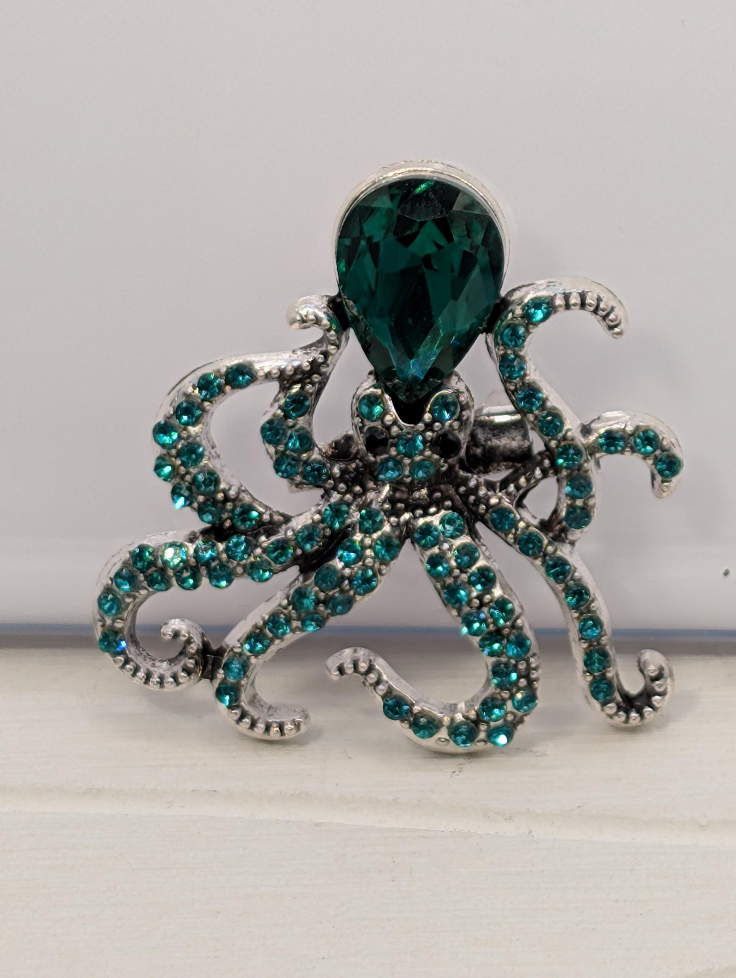 Silver Plated Brooch - Emerald Green Rhinestone Octopus Pin, Lightweight Jewelry