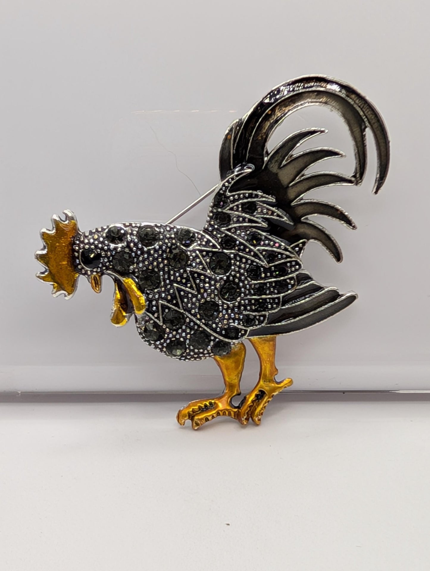 Silver Plated Rooster Brooch - Colorful Orange Black Brooch With Rhinestones