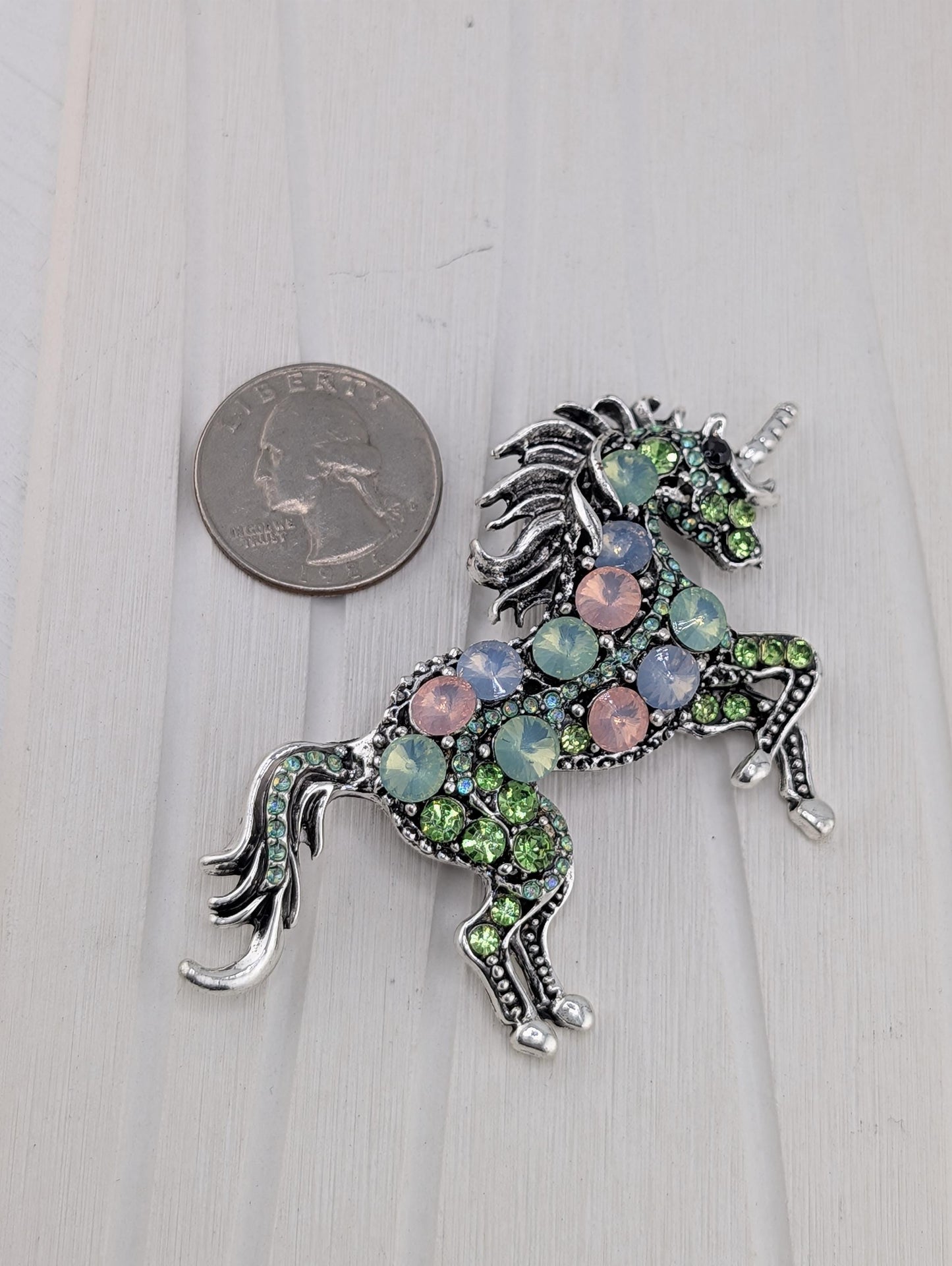 Unicorn Brooch - Silver Plated Mint Green & Pink Rhinestone Pin, Elegant Design