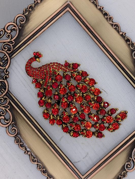 Peacock Brooch - Gold Plated Rhinestone Pin with Red Feathers, Statement Jewelry Piece
