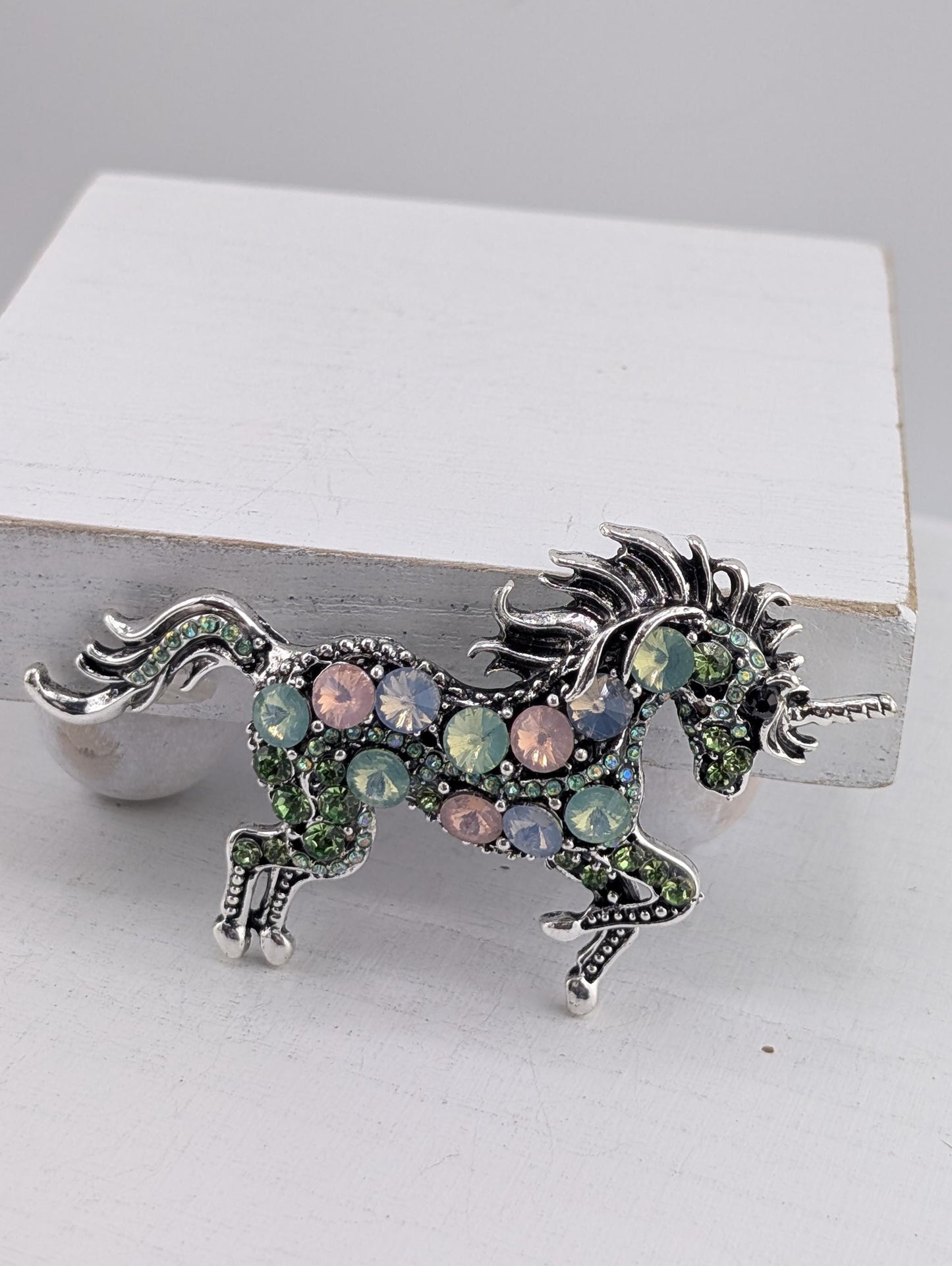 Unicorn Brooch - Silver Plated Mint Green & Pink Rhinestone Pin, Elegant Design