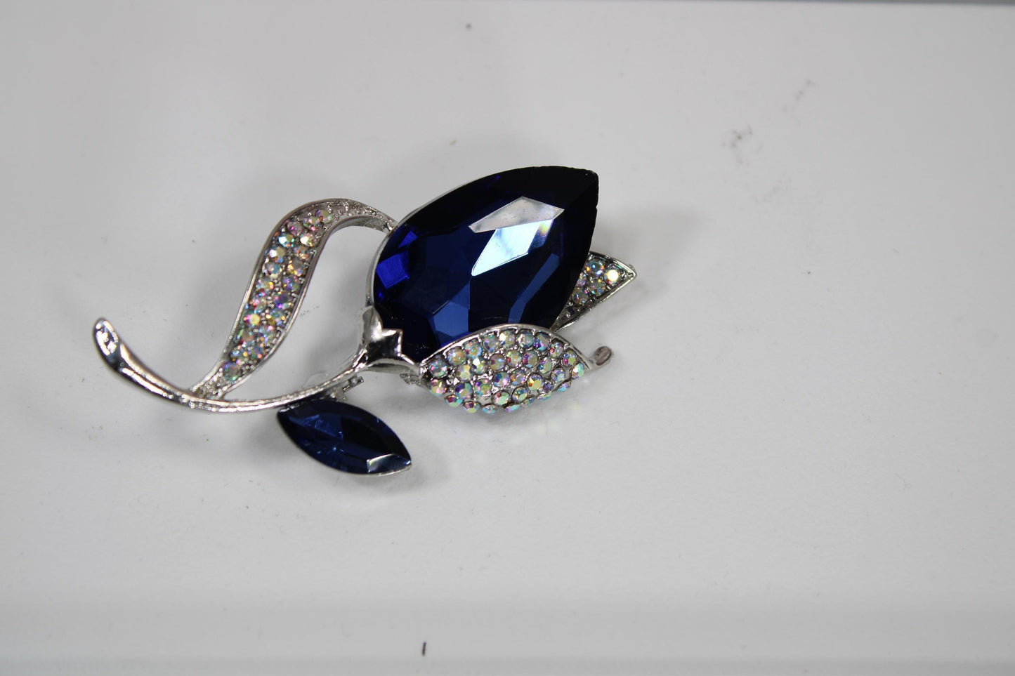 Silver Plated Brooch - Sapphire Blue Tulip Floral Pin, Lightweight Fashion Accessory