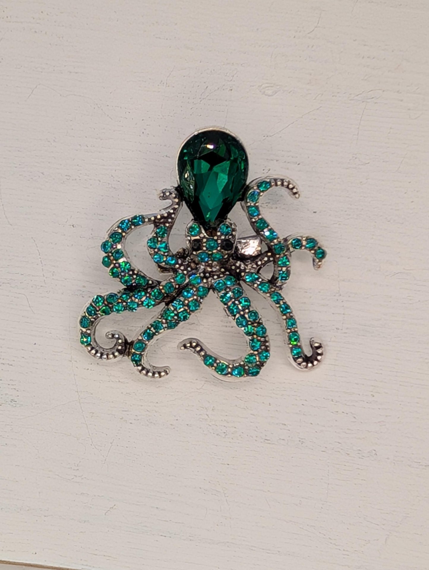 Silver Plated Brooch - Emerald Green Rhinestone Octopus Pin, Lightweight Jewelry