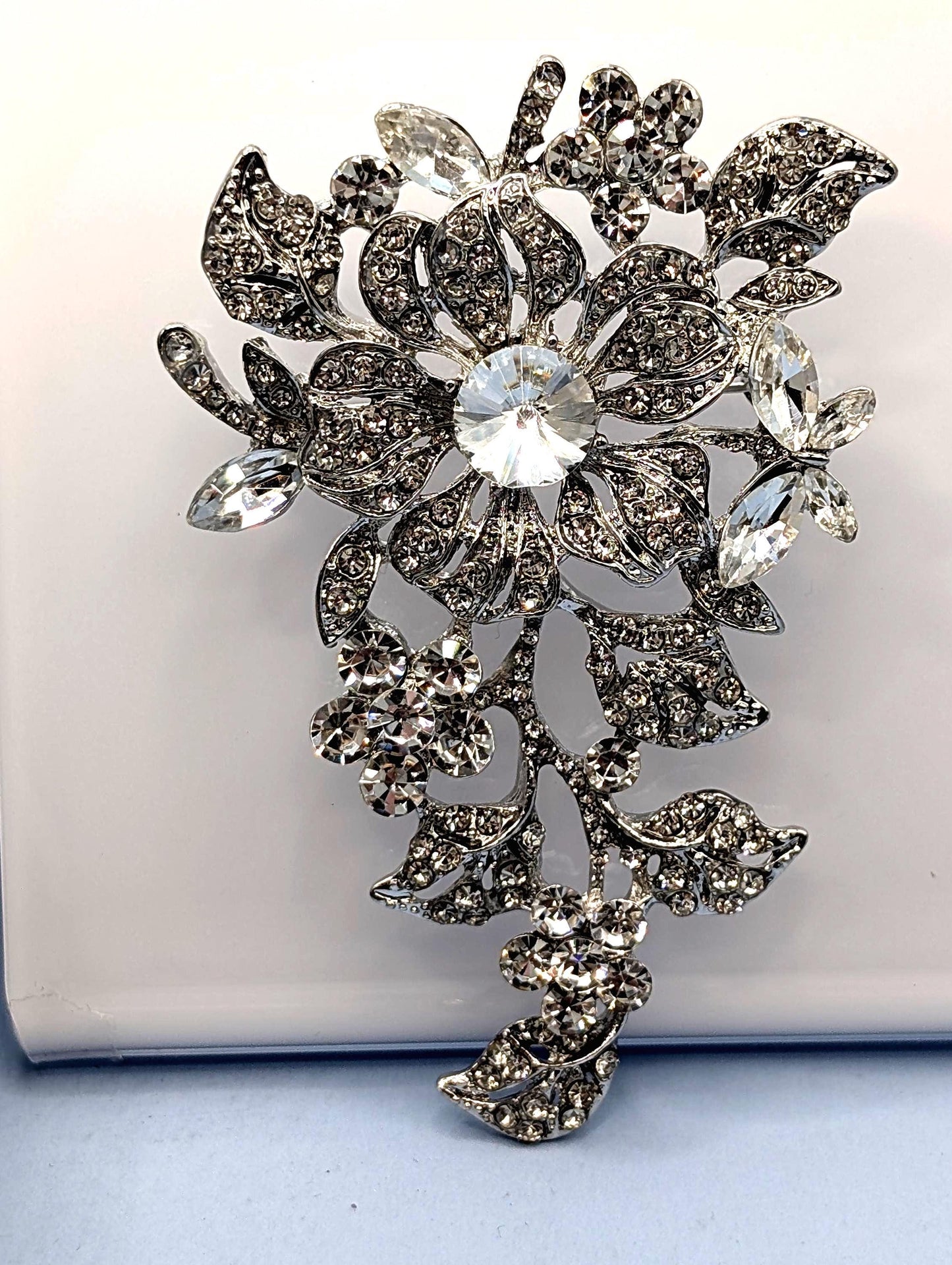 Silver Plated Floral Pin – Sparkling Cubic Zirconia Brooch, Elegant Bag Charm