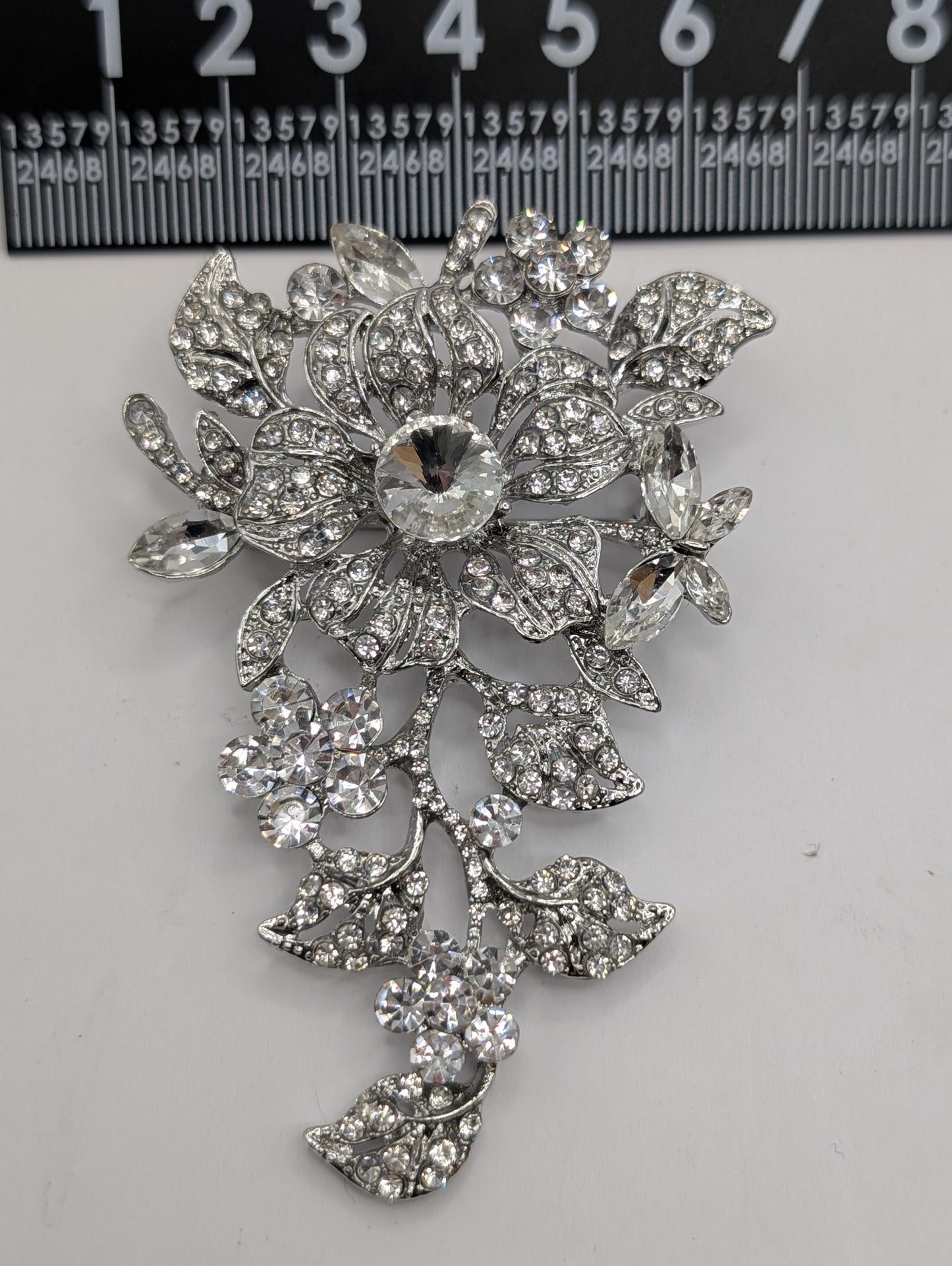 Silver Plated Floral Pin – Sparkling Cubic Zirconia Brooch, Elegant Bag Charm