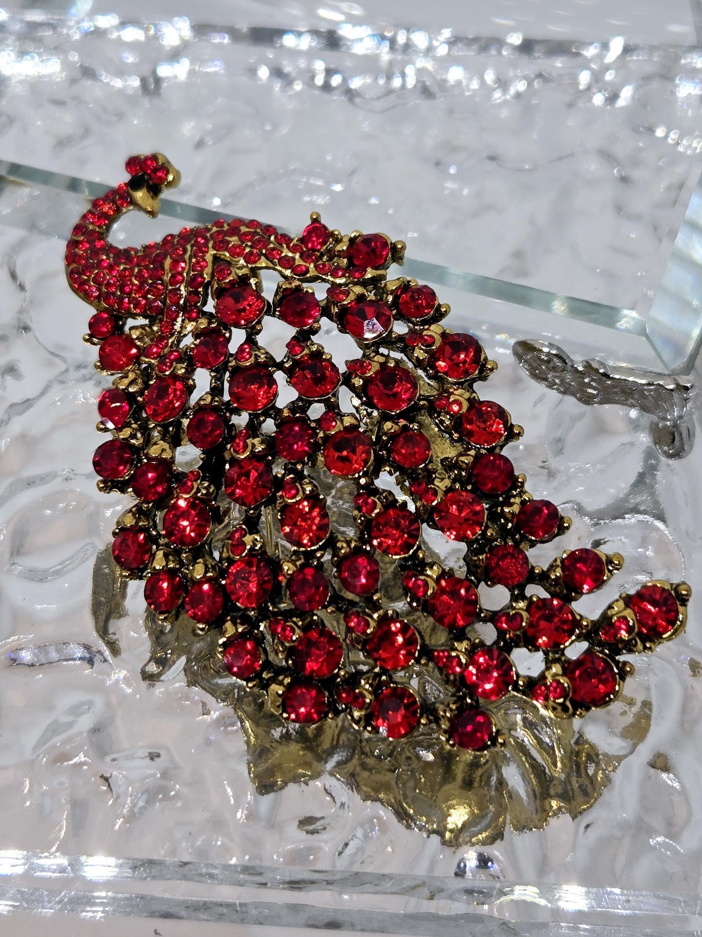 Peacock Brooch - Gold Plated Rhinestone Pin with Red Feathers, Statement Jewelry Piece