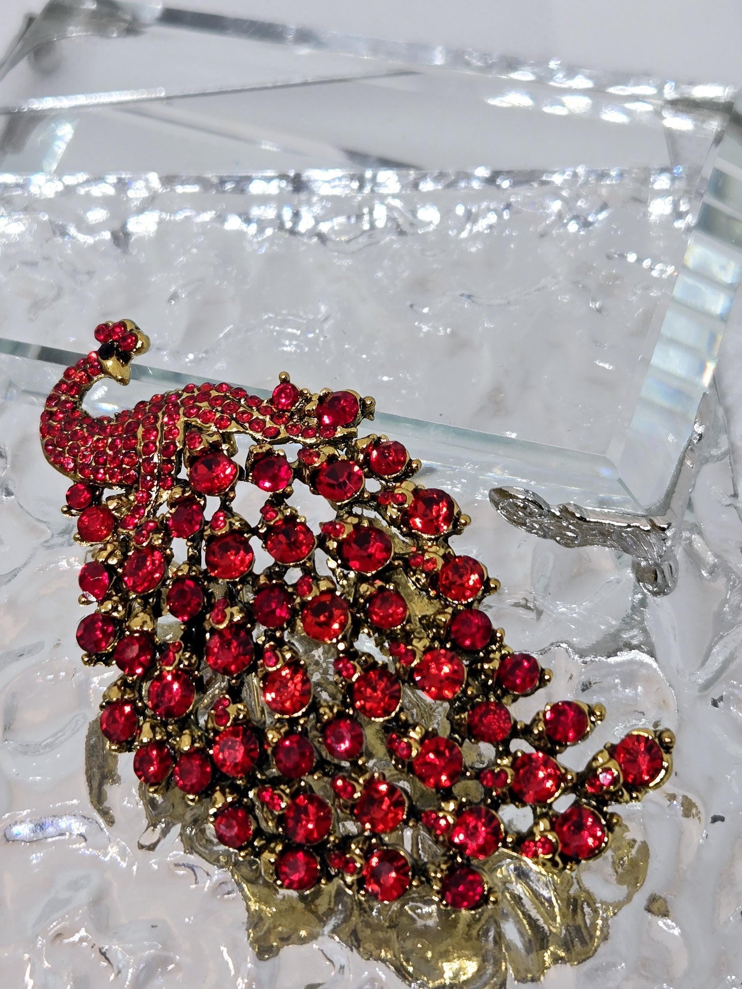 Peacock Brooch - Gold Plated Rhinestone Pin with Red Feathers, Statement Jewelry Piece