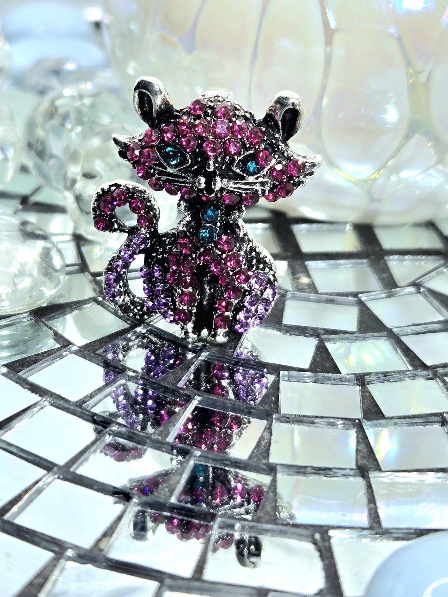 Silver Kitty Brooch – Fuchsia Rhinestone Cat Brooch, Elegant Silver Plated Pin