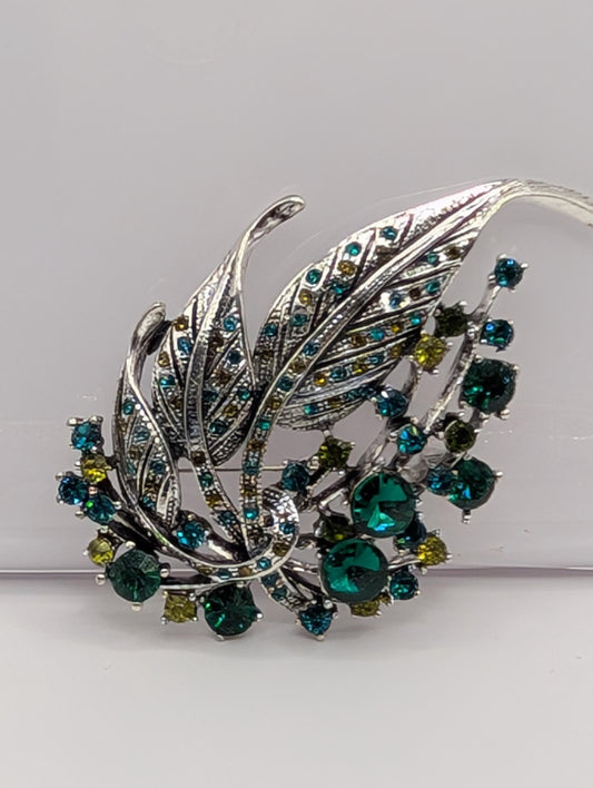 Silver Plated Brooch - Green Feather Decorative Pin With Blue Topaz & Emerald Accents