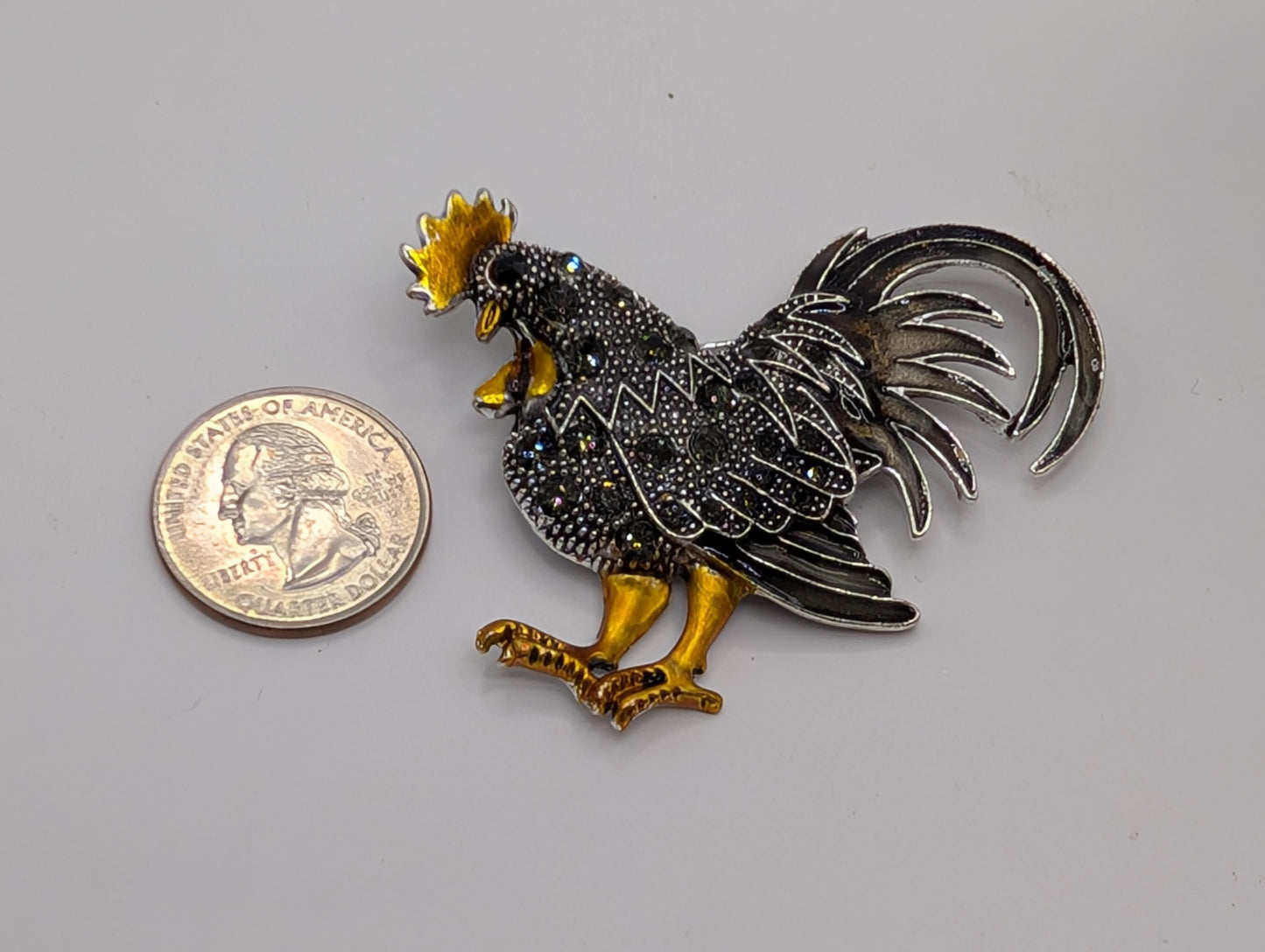 Silver Plated Rooster Brooch - Colorful Orange Black Brooch With Rhinestones