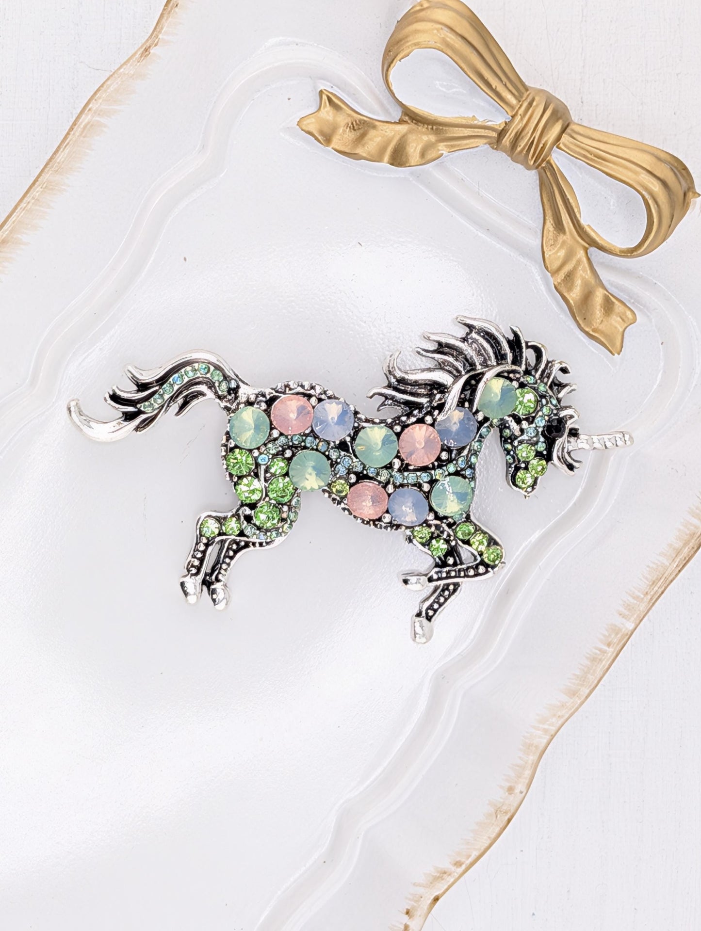Unicorn Brooch - Silver Plated Mint Green & Pink Rhinestone Pin, Elegant Design