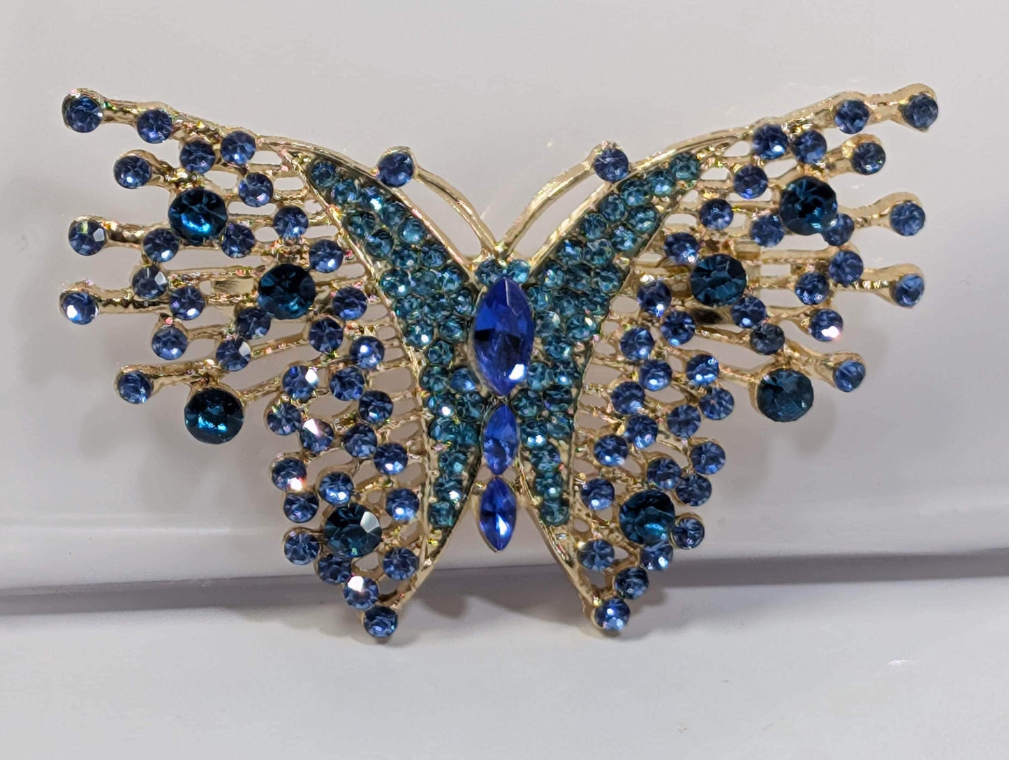Aqua Sapphire Brooch - Rhinestone Butterfly Pin With Gold Plated Finish