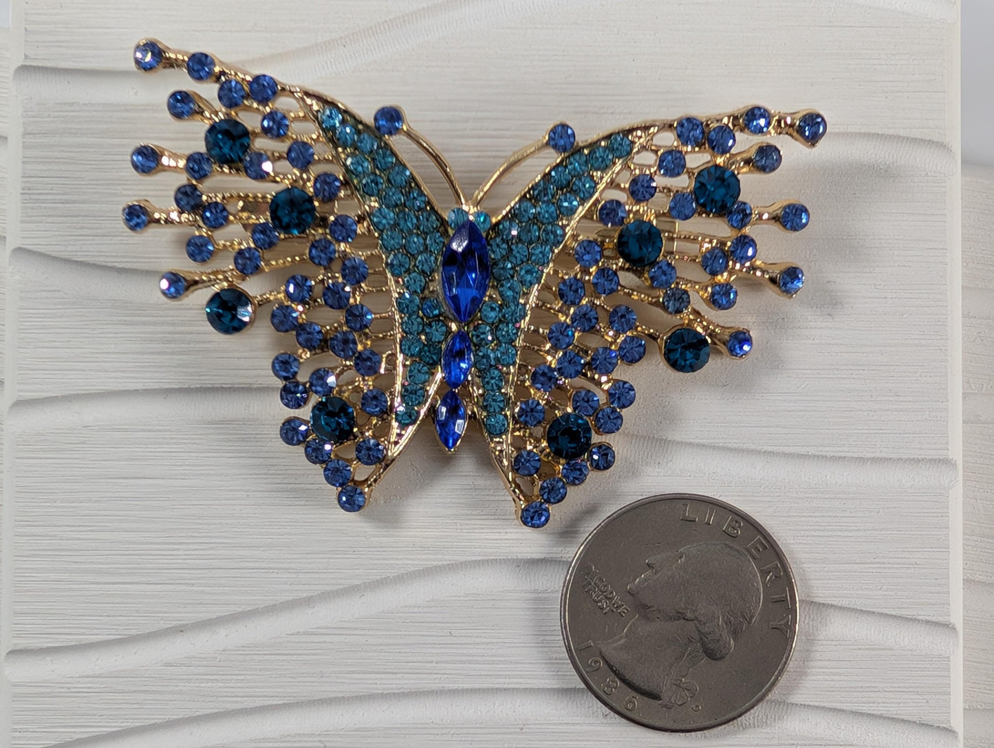 Aqua Sapphire Brooch - Rhinestone Butterfly Pin With Gold Plated Finish