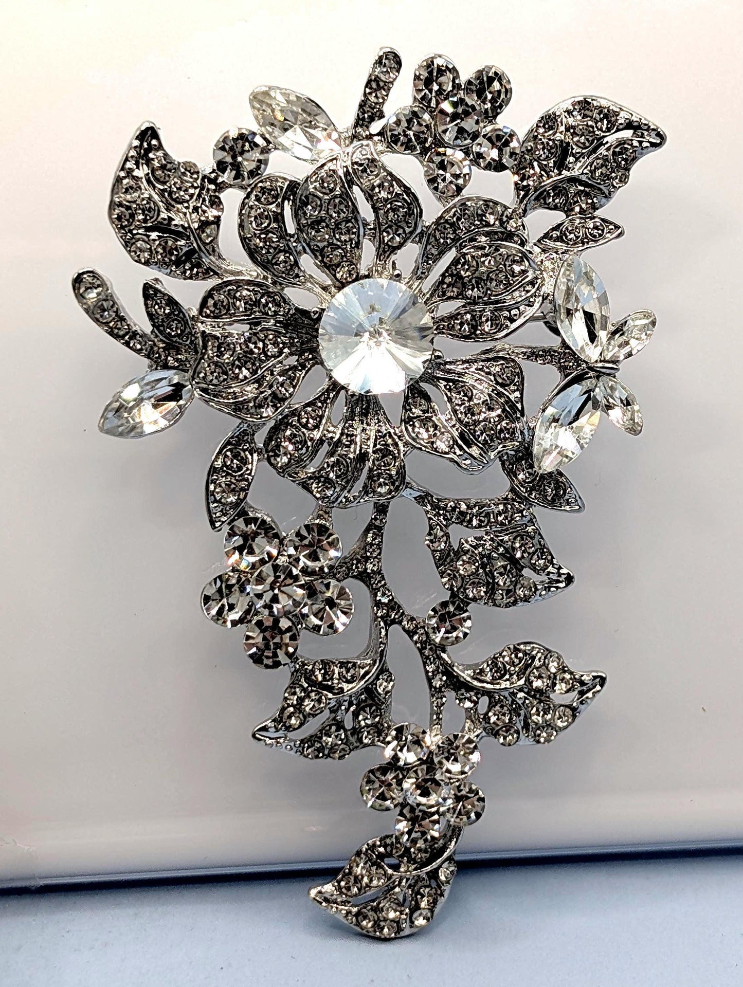 Silver Plated Floral Pin – Sparkling Cubic Zirconia Brooch, Elegant Bag Charm