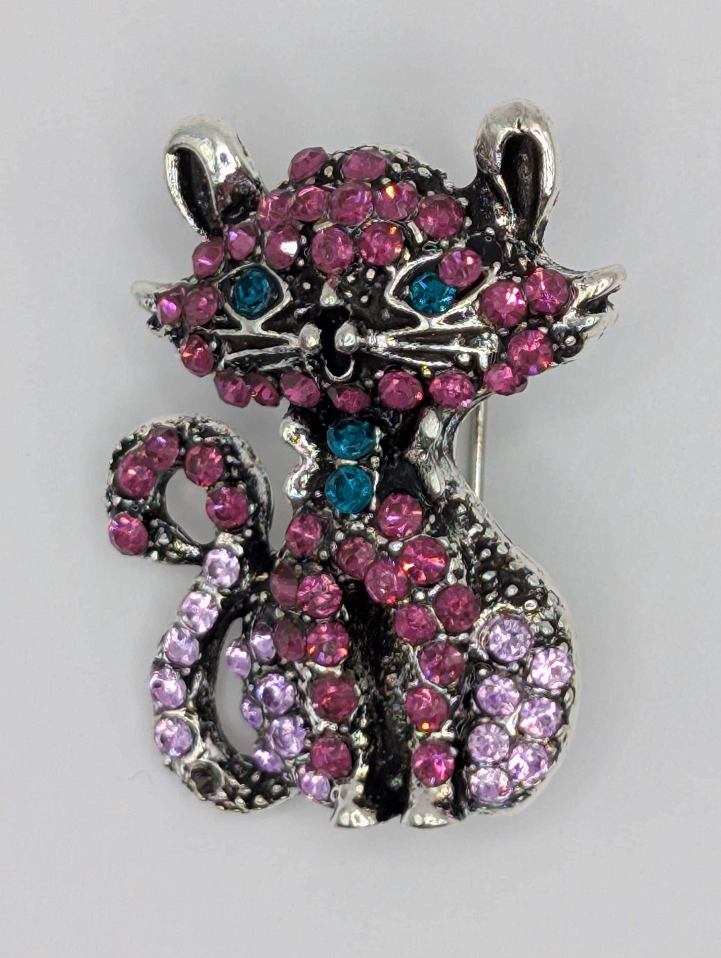 Silver Kitty Brooch – Fuchsia Rhinestone Cat Brooch, Elegant Silver Plated Pin