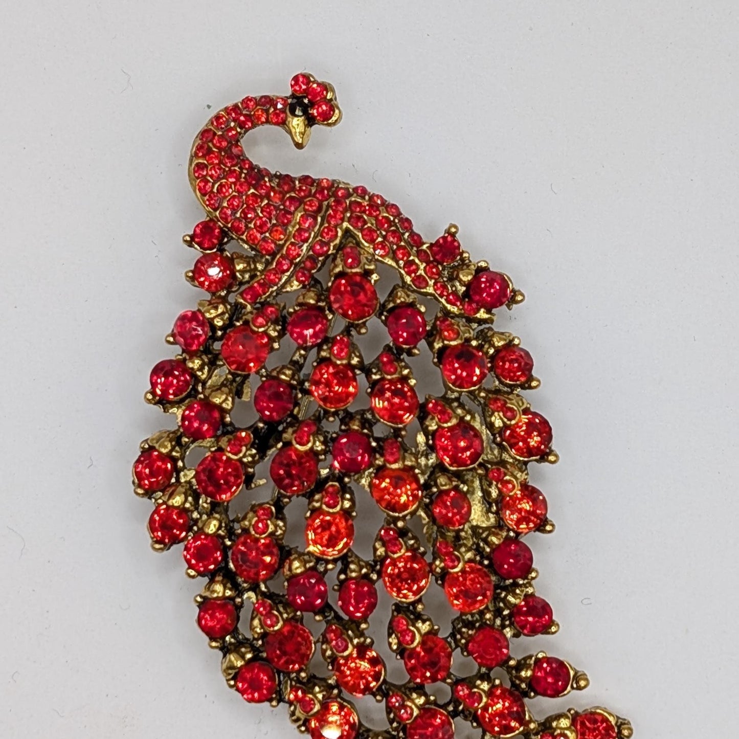 Peacock Brooch - Gold Plated Rhinestone Pin with Red Feathers, Statement Jewelry Piece