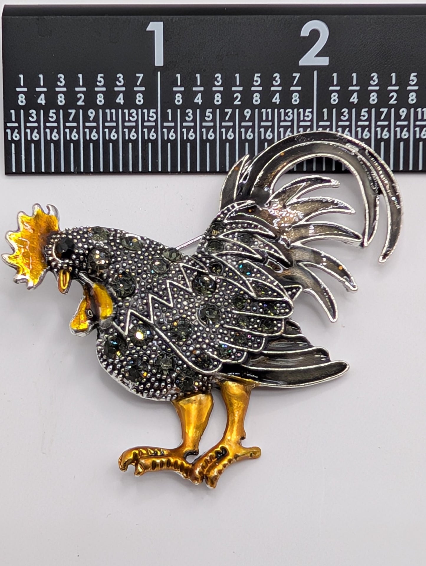 Silver Plated Rooster Brooch - Colorful Orange Black Brooch With Rhinestones