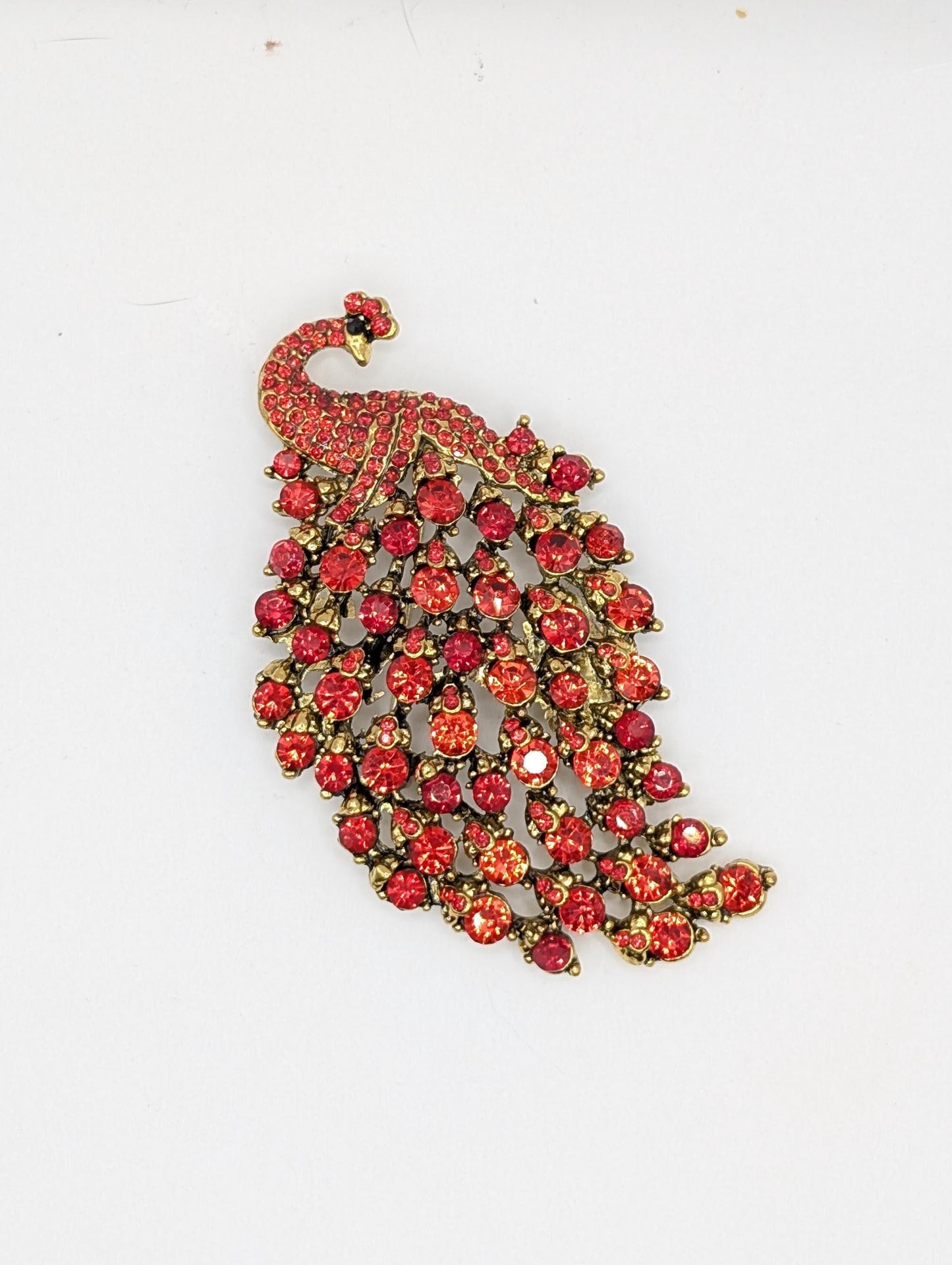 Peacock Brooch - Gold Plated Rhinestone Pin with Red Feathers, Statement Jewelry Piece