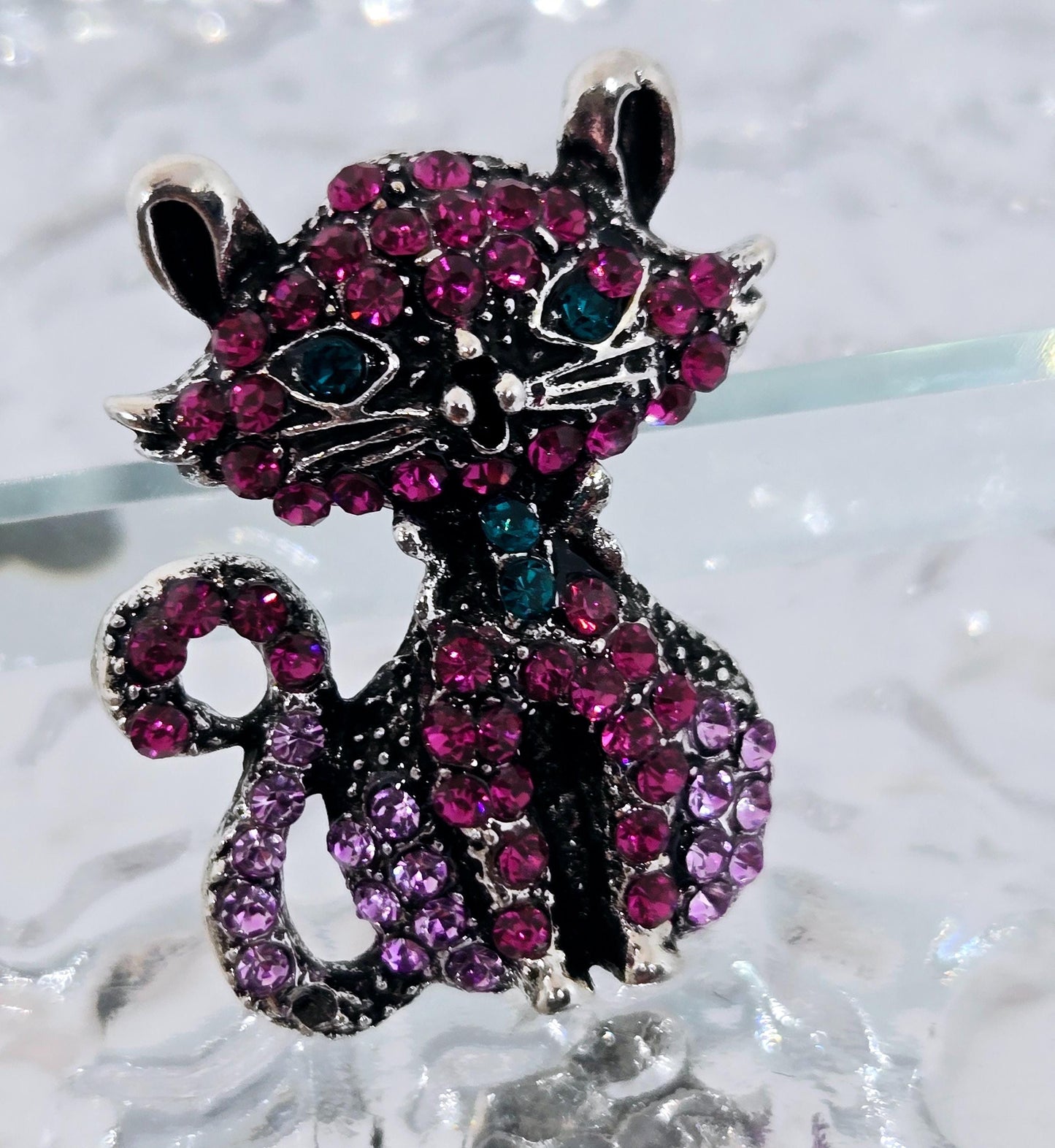 Silver Kitty Brooch – Fuchsia Rhinestone Cat Brooch, Elegant Silver Plated Pin