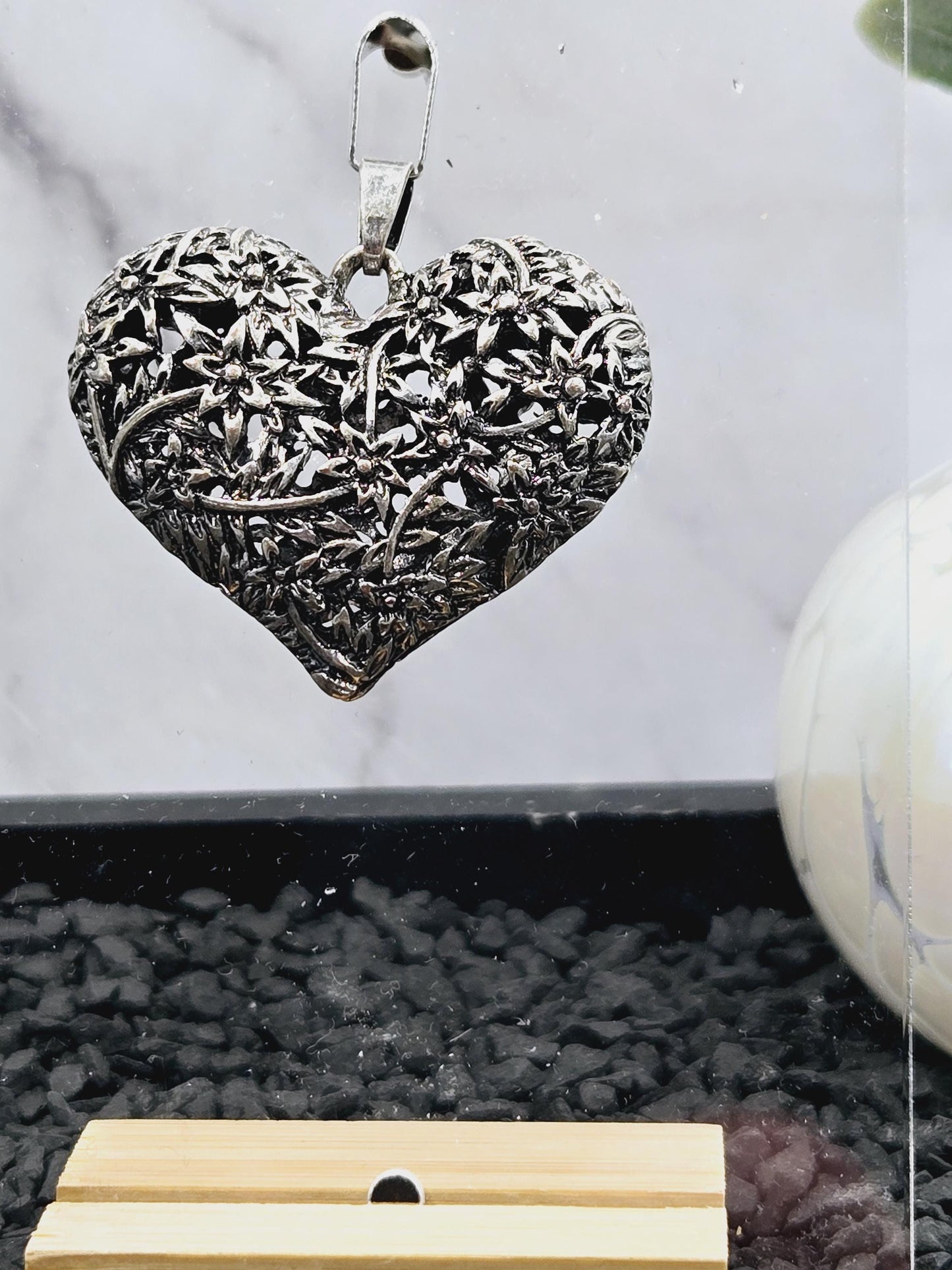 Antique Silver Pendant - Ornate Flower Heart Bag Charm with Vintage Style