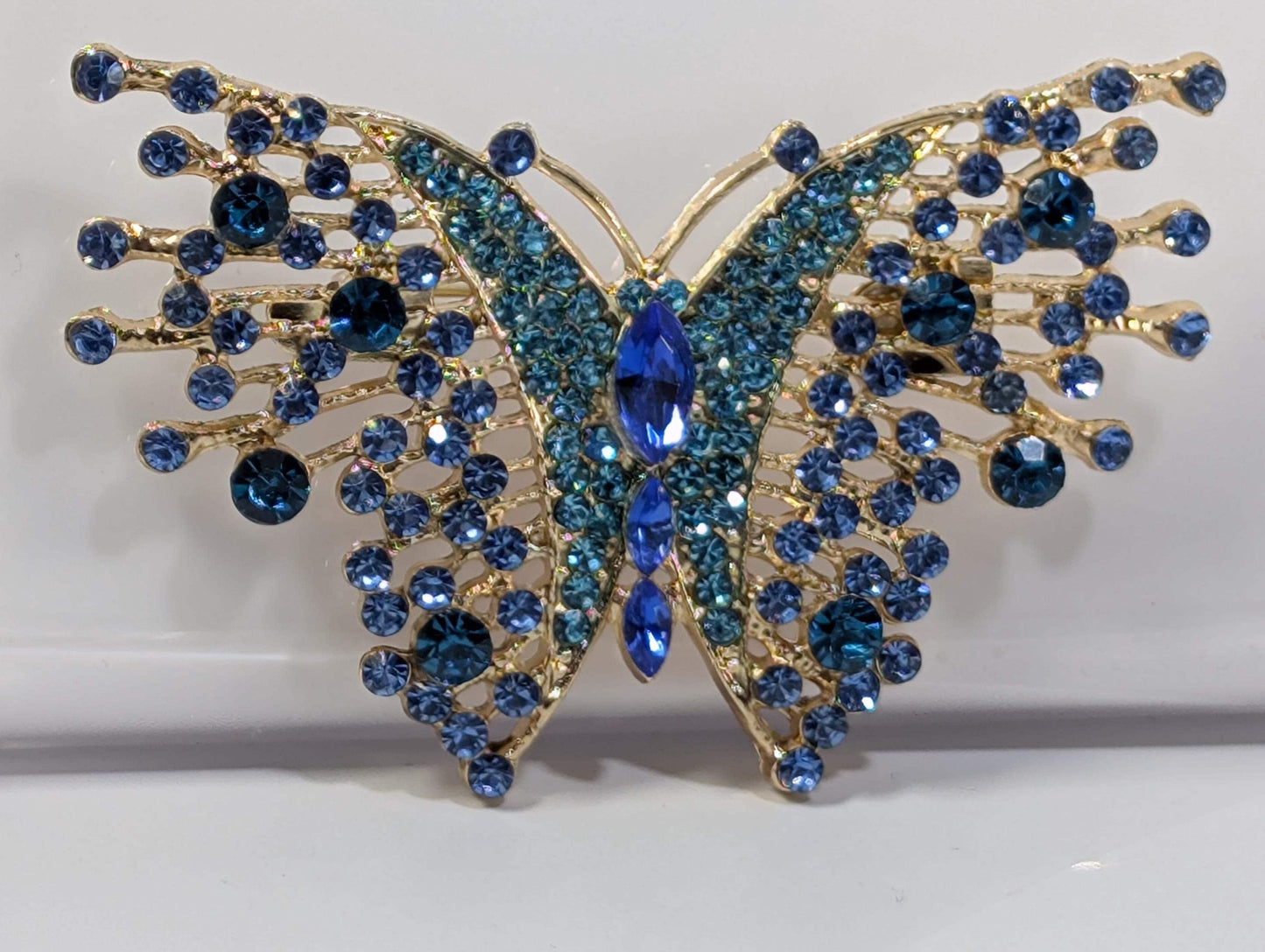 Aqua Sapphire Brooch - Rhinestone Butterfly Pin With Gold Plated Finish