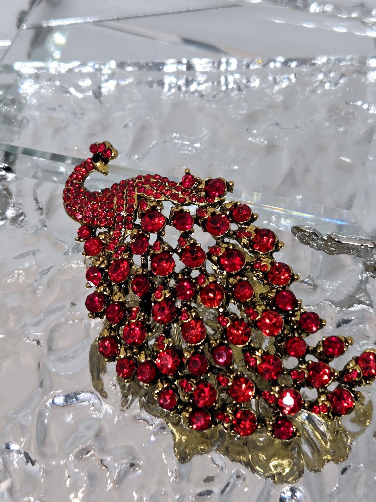 Peacock Brooch - Gold Plated Rhinestone Pin with Red Feathers, Statement Jewelry Piece