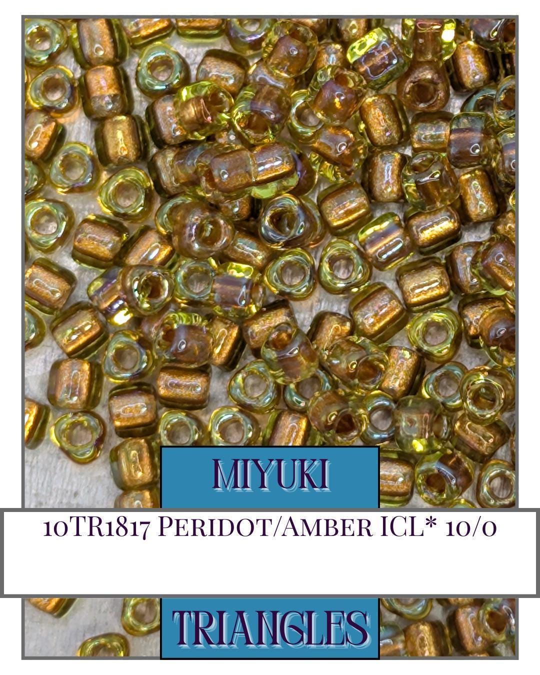 Miyuki Triangle Beads – Peridot Amber Inside Color Lined Sparkle Seed Beads 10g