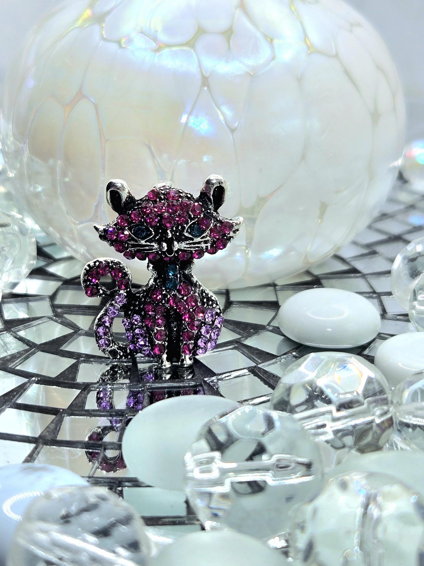 Silver Kitty Brooch – Fuchsia Rhinestone Cat Brooch, Elegant Silver Plated Pin