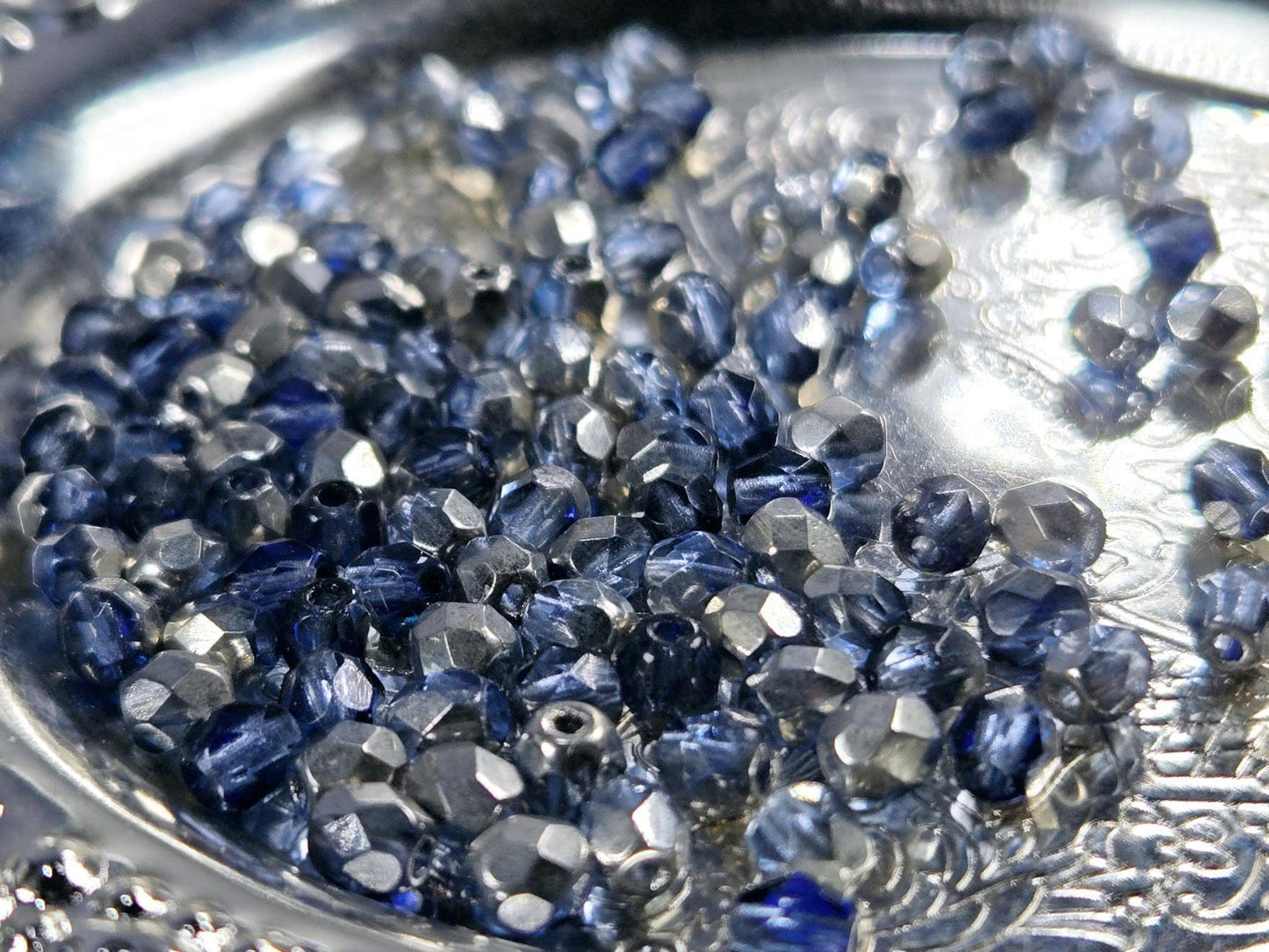 Vintage Lilac-Blue & Metallic Silver Faceted Round Preciosa Fire Polished Beads, 4mm. (100 pcs)