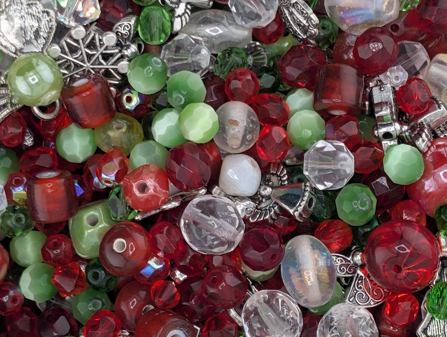 Exclusive "Jolly Holly" Glass Bead Mix - Jolly Holly Christmas Bead Mix - Red, Green, White Holiday Glass Supplies (56g)