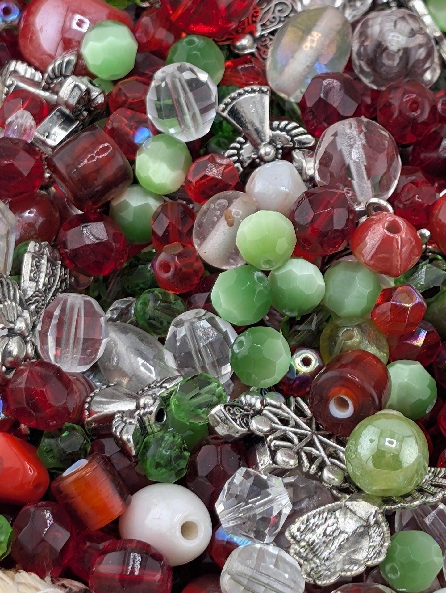 Exclusive "Jolly Holly" Glass Bead Mix - Jolly Holly Christmas Bead Mix - Red, Green, White Holiday Glass Supplies (56g)
