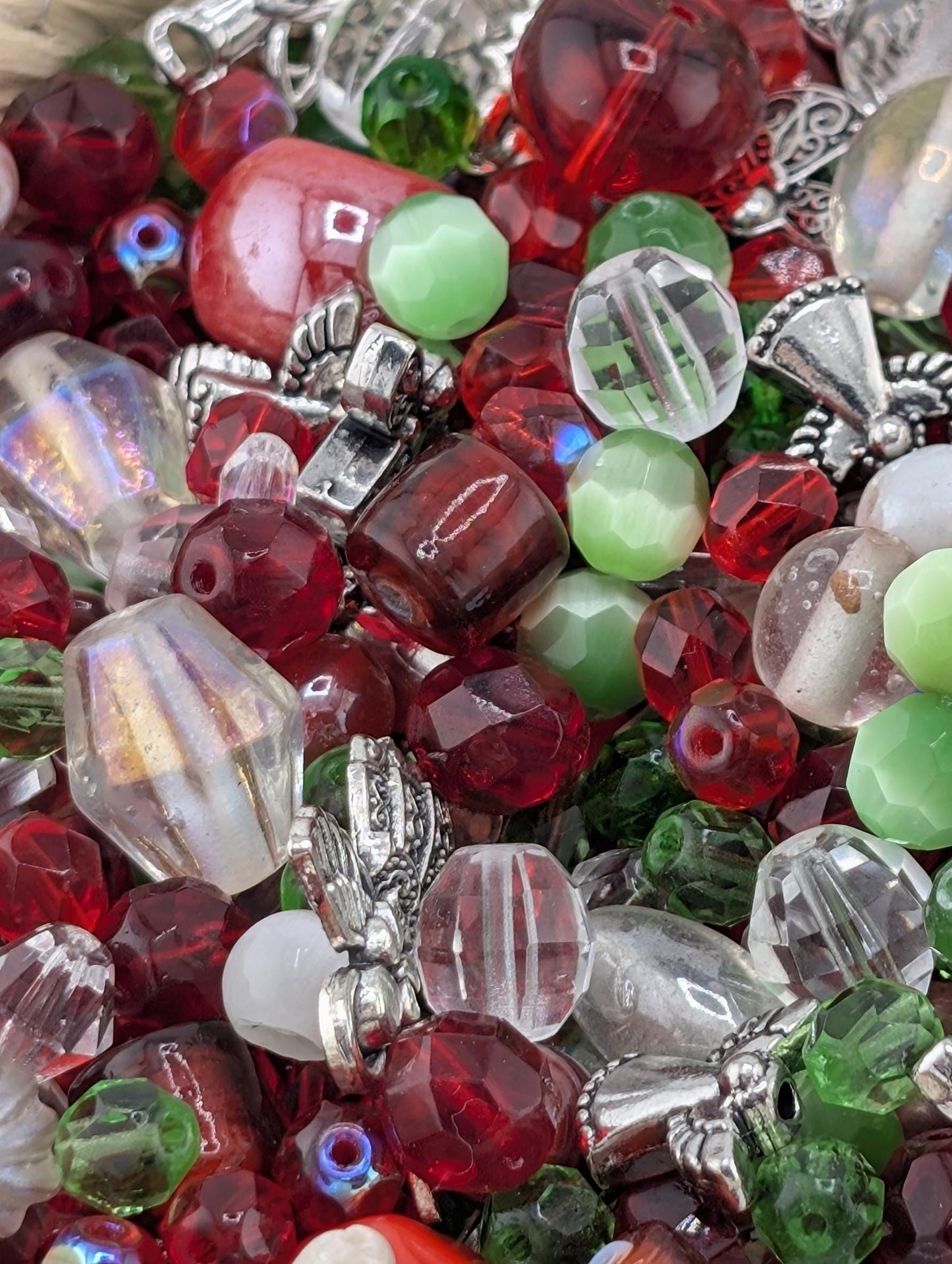 Exclusive "Jolly Holly" Glass Bead Mix - Jolly Holly Christmas Bead Mix - Red, Green, White Holiday Glass Supplies (56g)