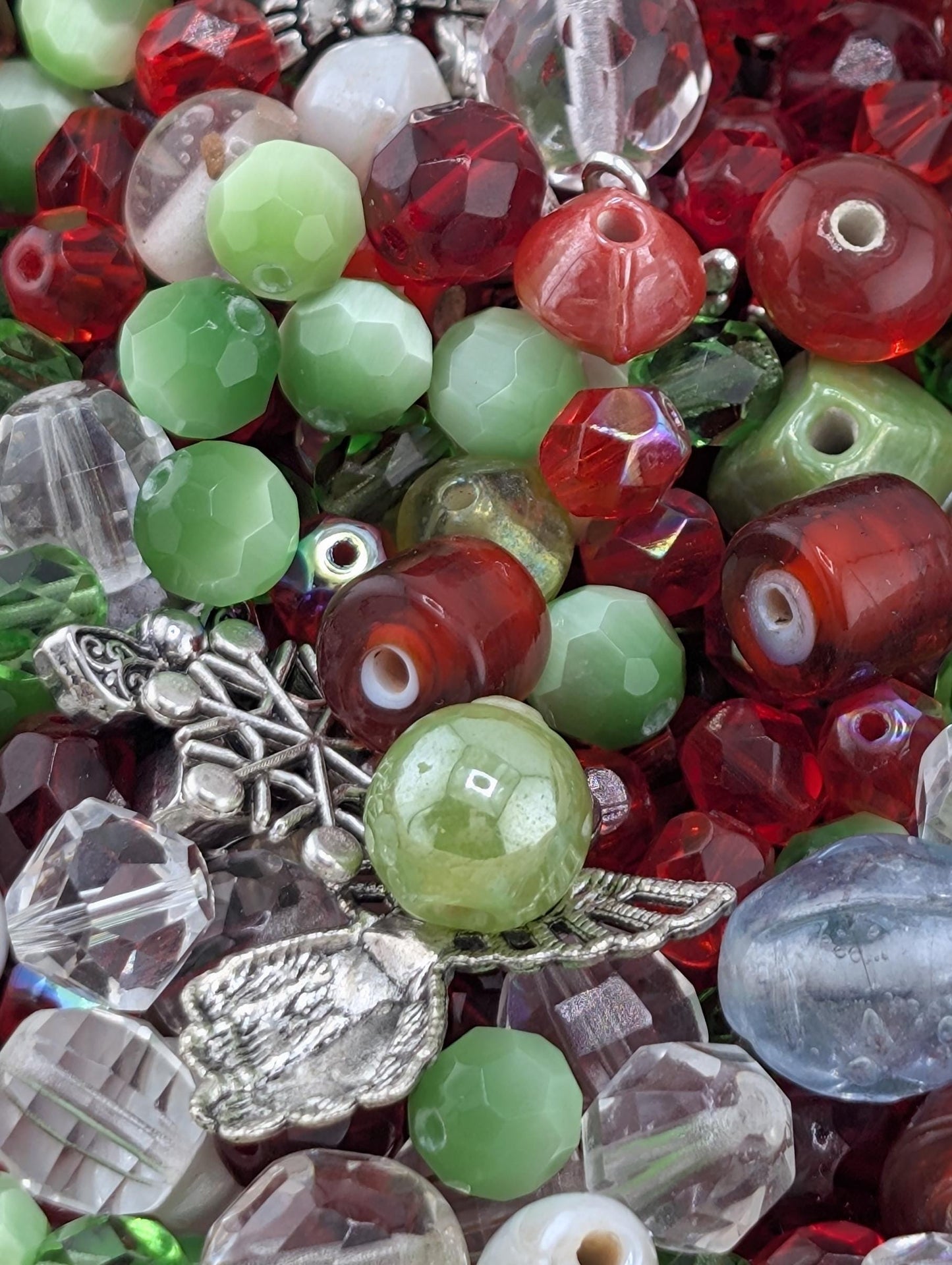Exclusive "Jolly Holly" Glass Bead Mix - Jolly Holly Christmas Bead Mix - Red, Green, White Holiday Glass Supplies (56g)