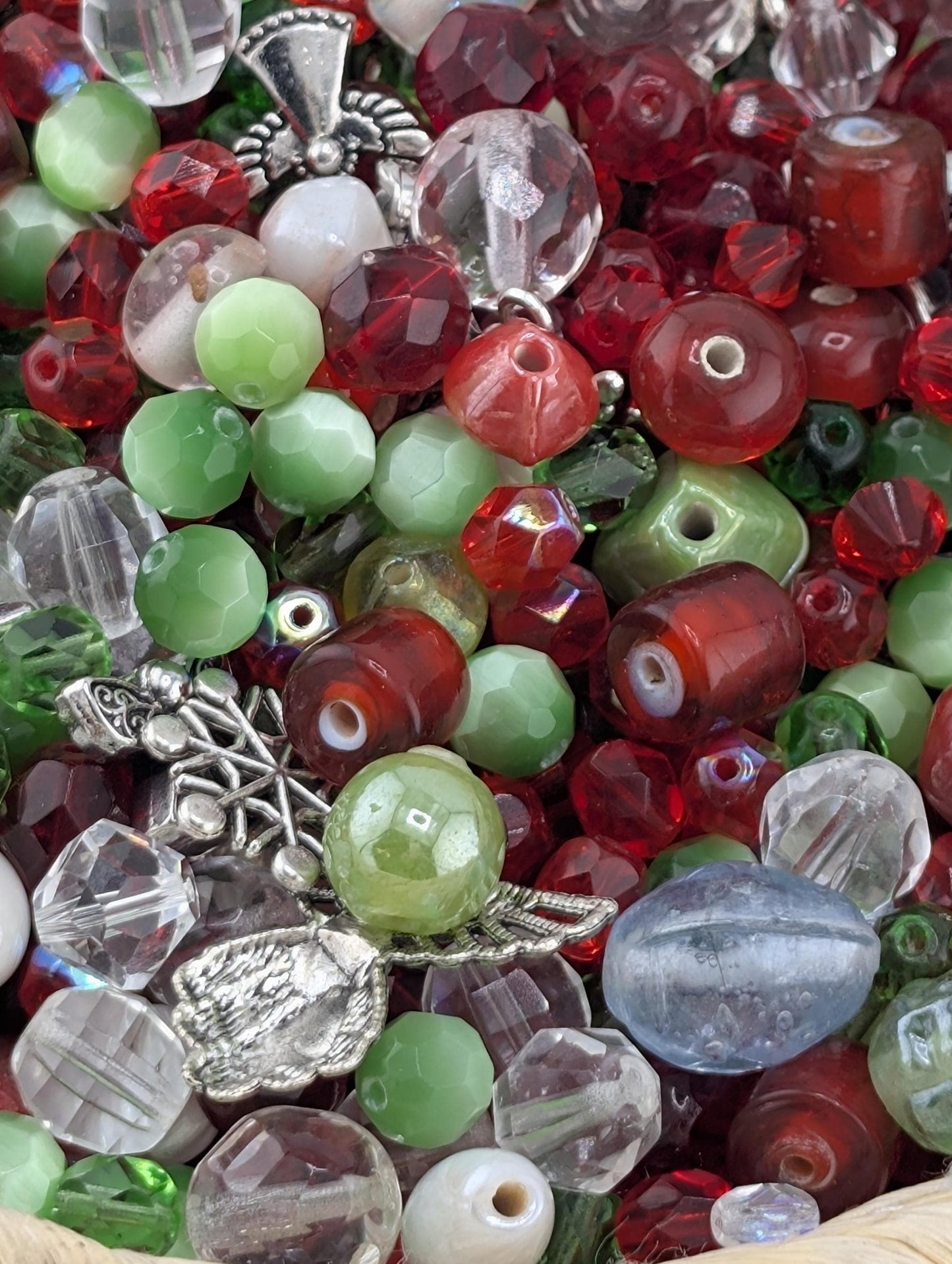 Exclusive "Jolly Holly" Glass Bead Mix - Jolly Holly Christmas Bead Mix - Red, Green, White Holiday Glass Supplies (56g)