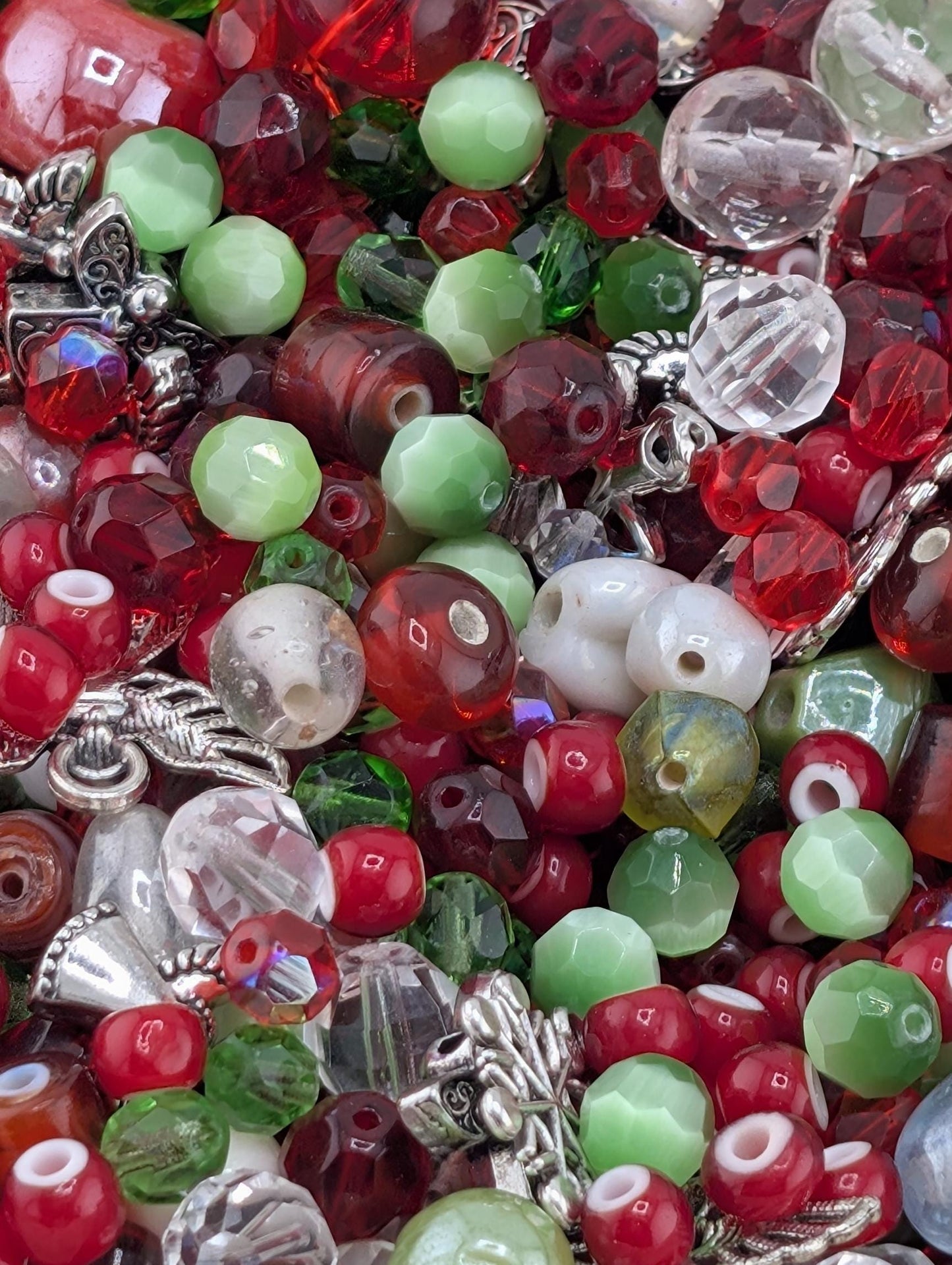 Exclusive "Jolly Holly" Glass Bead Mix - Jolly Holly Christmas Bead Mix - Red, Green, White Holiday Glass Supplies (56g)