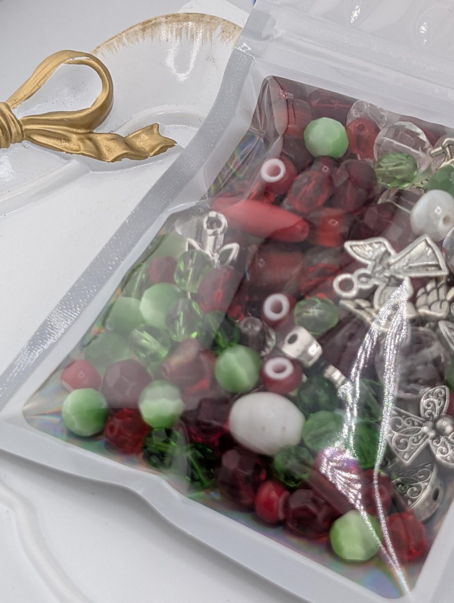 Exclusive "Jolly Holly" Glass Bead Mix - Jolly Holly Christmas Bead Mix - Red, Green, White Holiday Glass Supplies (56g)