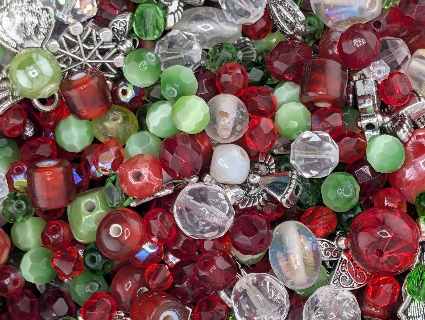 Exclusive "Jolly Holly" Glass Bead Mix - Jolly Holly Christmas Bead Mix - Red, Green, White Holiday Glass Supplies (56g)