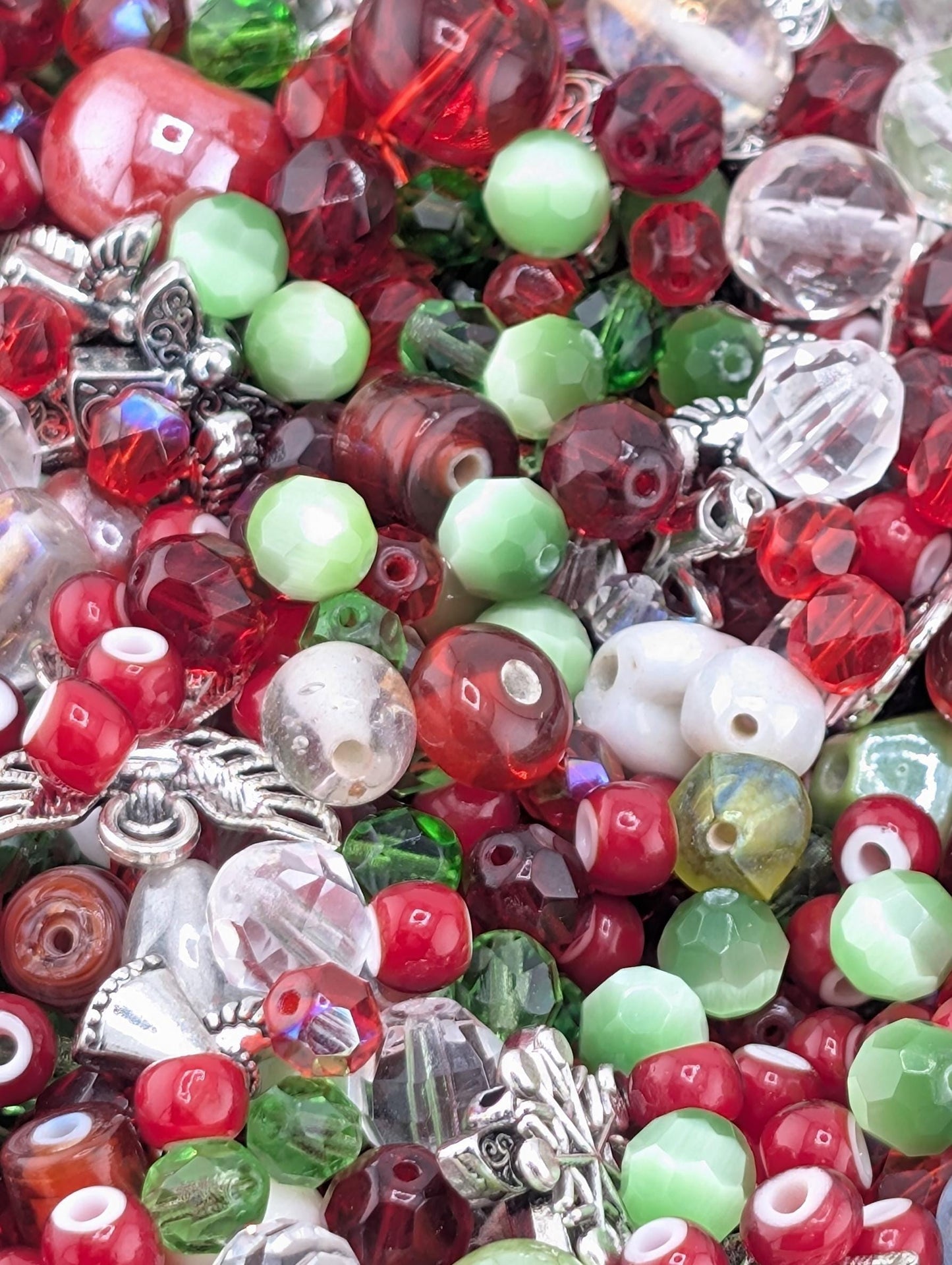 Exclusive "Jolly Holly" Glass Bead Mix - Jolly Holly Christmas Bead Mix - Red, Green, White Holiday Glass Supplies (56g)