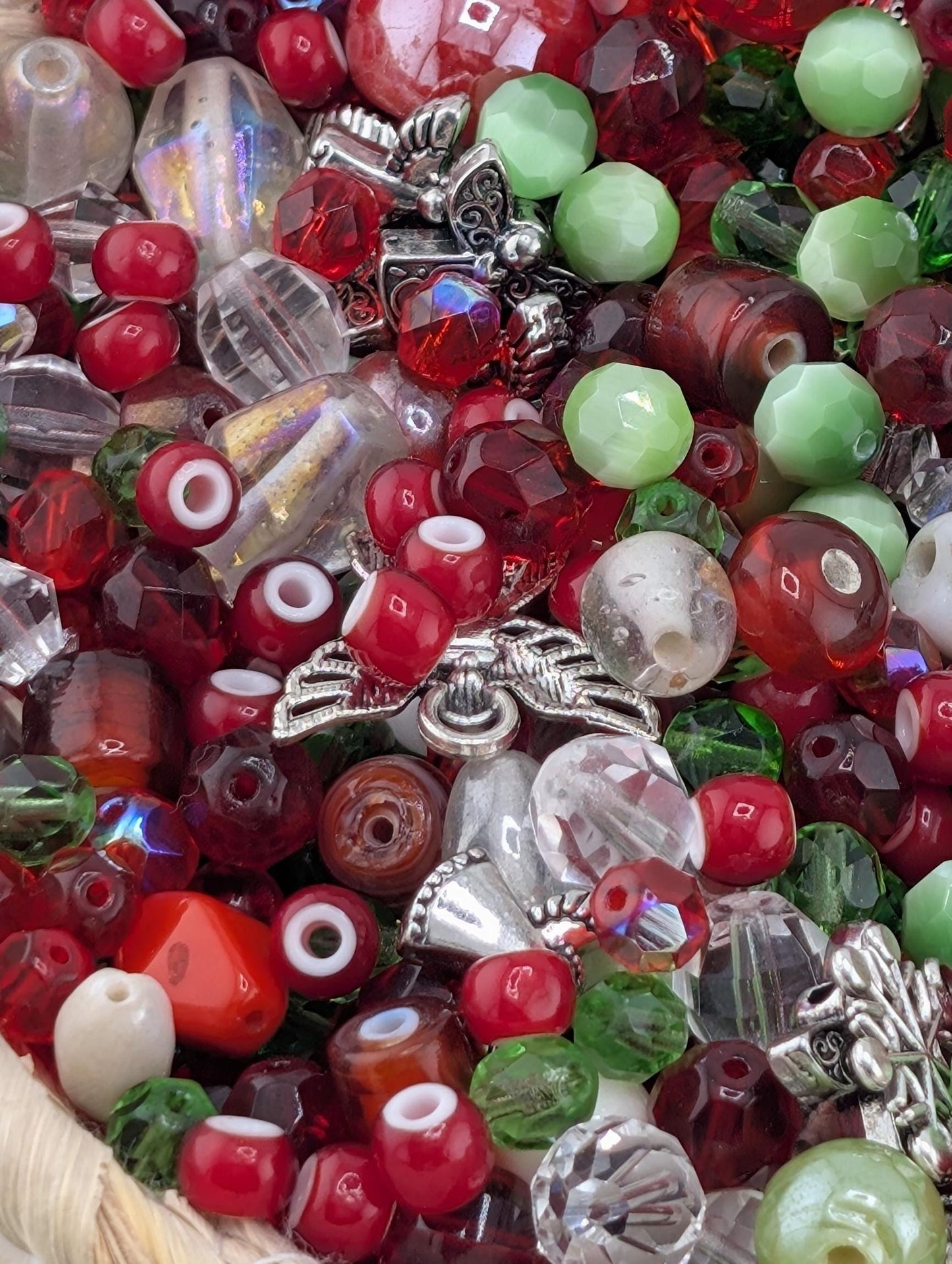 Exclusive "Jolly Holly" Glass Bead Mix - Jolly Holly Christmas Bead Mix - Red, Green, White Holiday Glass Supplies (56g)