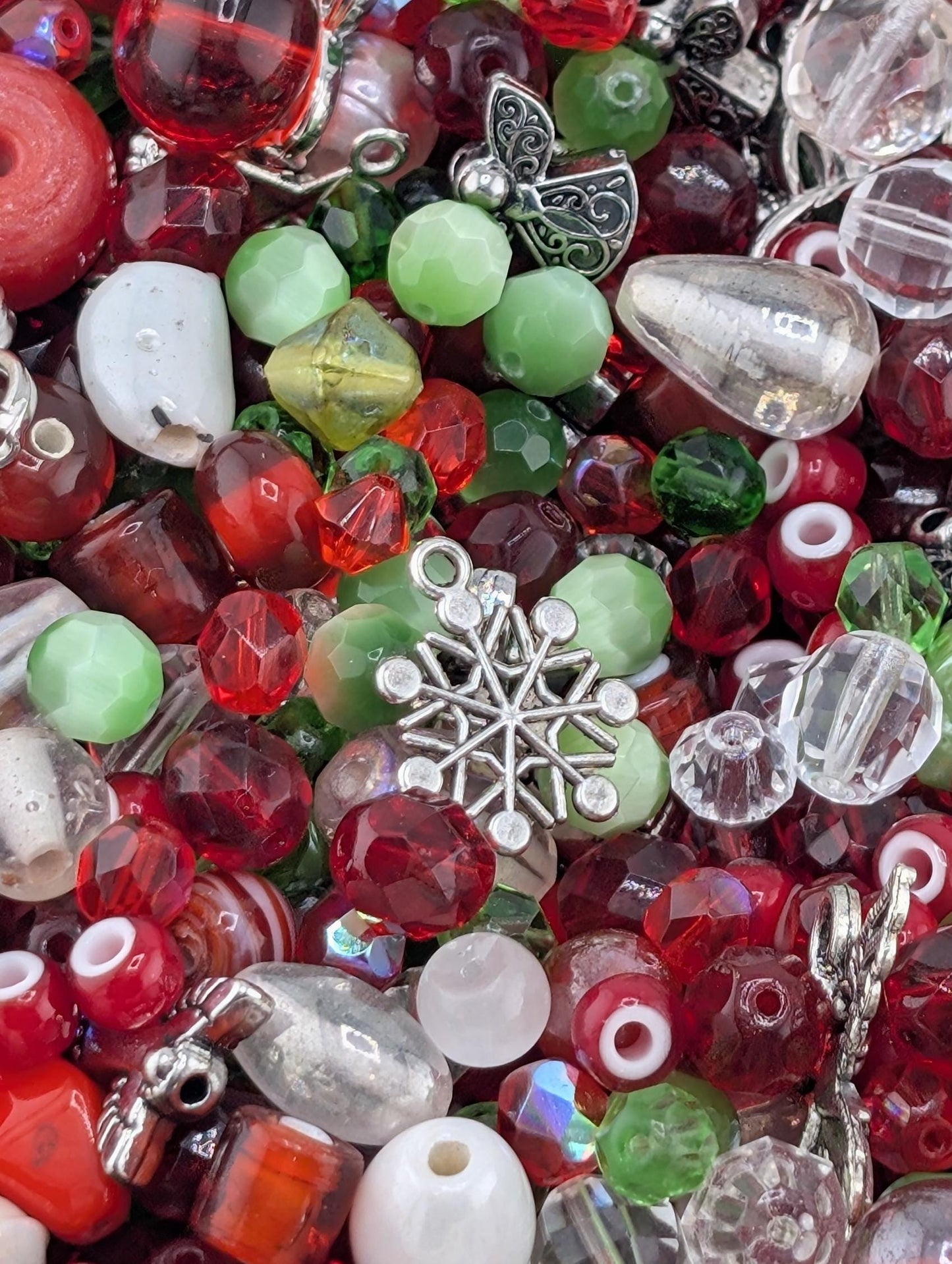 Exclusive "Jolly Holly" Glass Bead Mix - Jolly Holly Christmas Bead Mix - Red, Green, White Holiday Glass Supplies (56g)